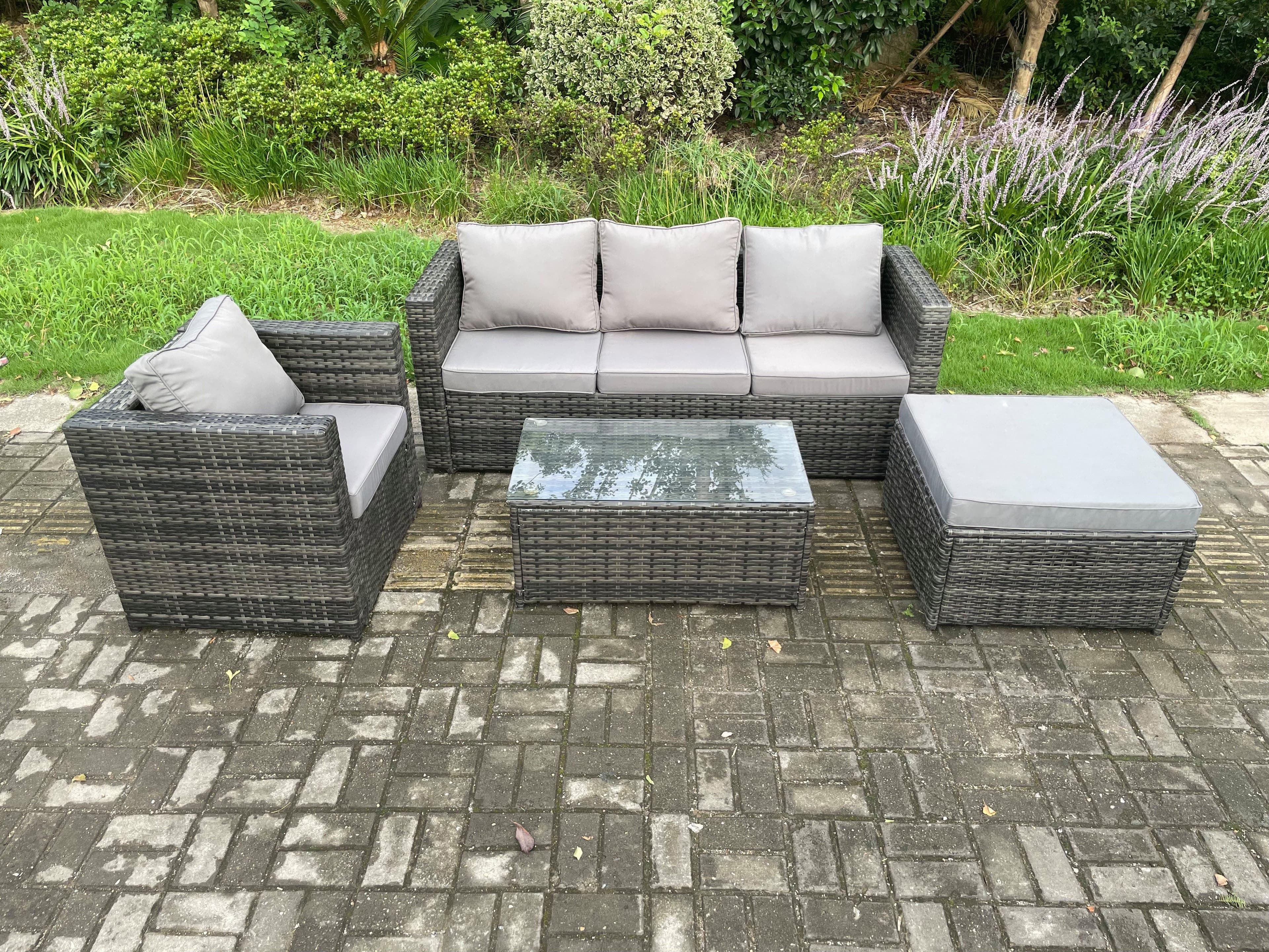 4 PCS Outdoor Lounge Sofa Set Wicker PE Rattan Garden Furniture Set Armchair Oblong Coffee Table Big Footstool Dark Grey Mixed