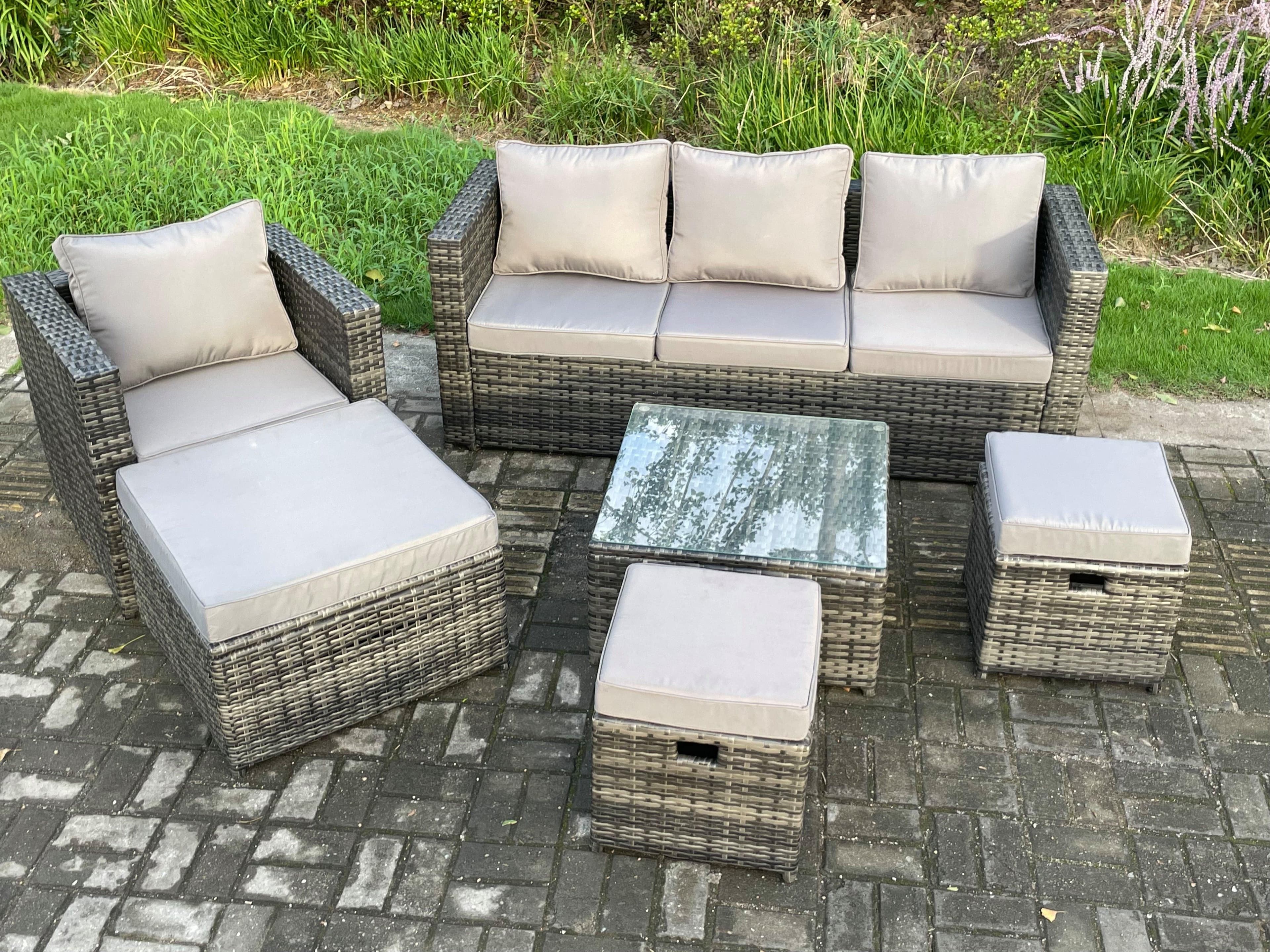 6 PCS Outdoor Lounge Sofa Set Wicker PE Rattan Garden Furniture Set Coffee Table 3 Small Footstools