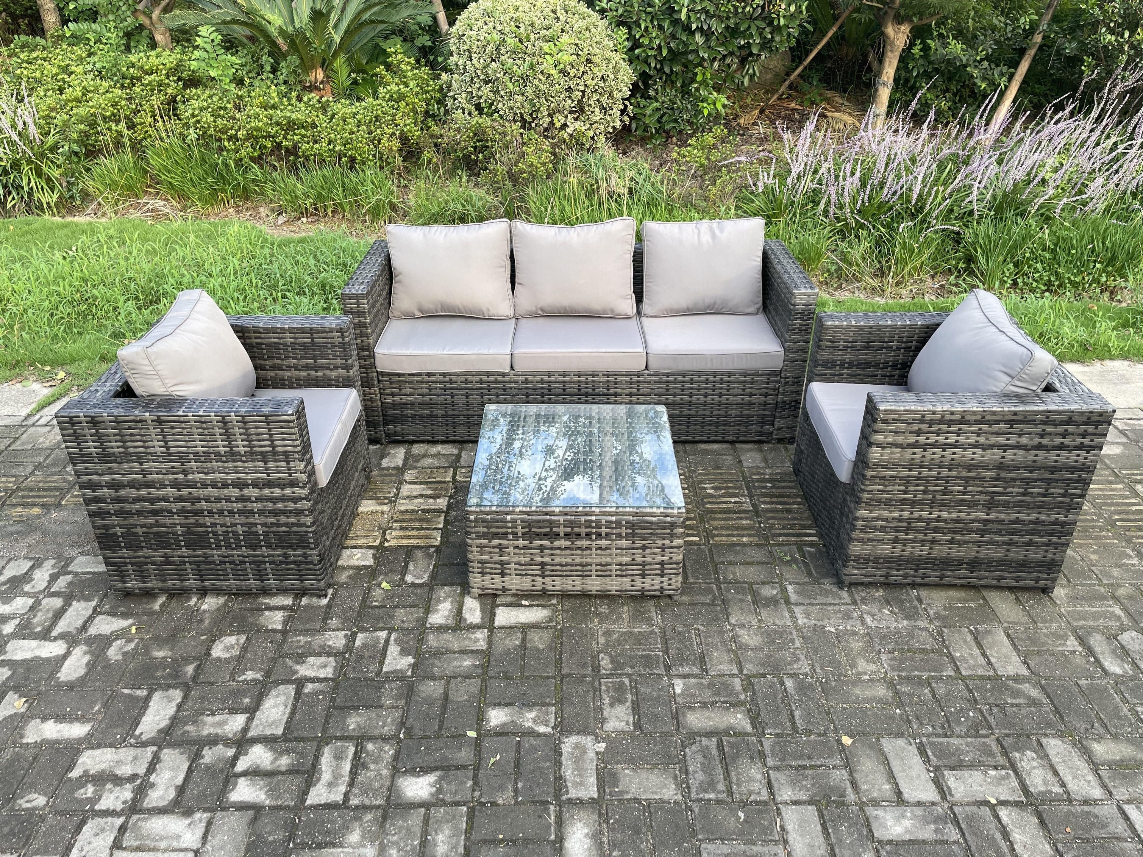 Outdoor Lounge Sofa Set Wicker PE Rattan Garden Furniture Set Armchair Squar Coffee Table Dark Grey Mixed