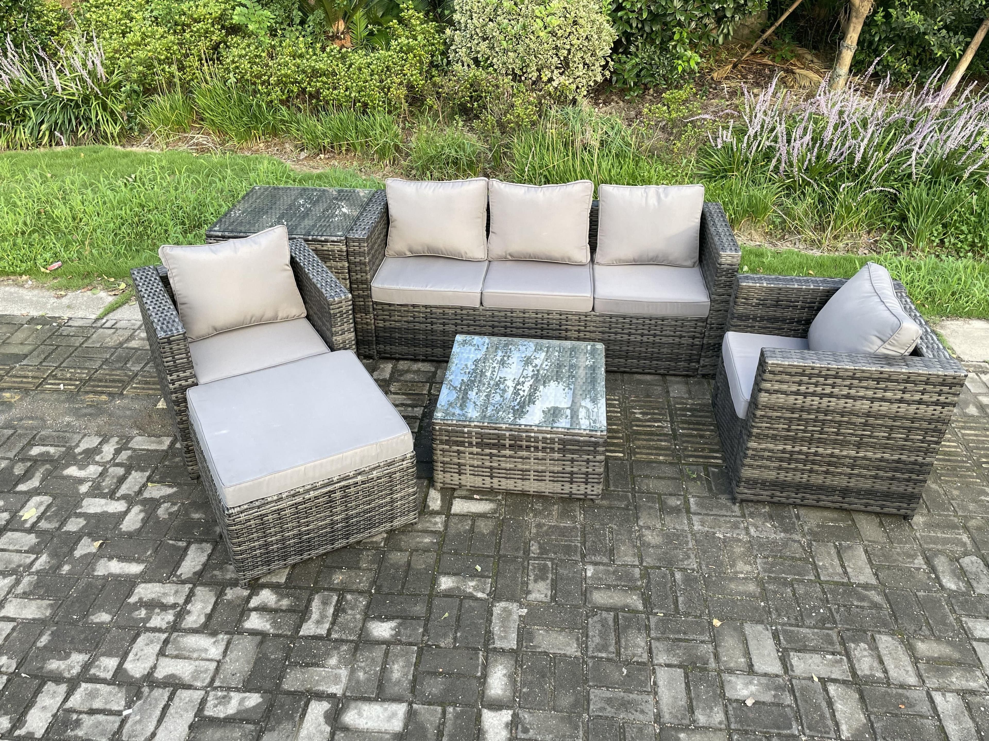 6 Seater Outdoor Lounge Sofa Set Wicker PE Rattan Garden Furniture Set Armchair Squar Coffee Table Footstool