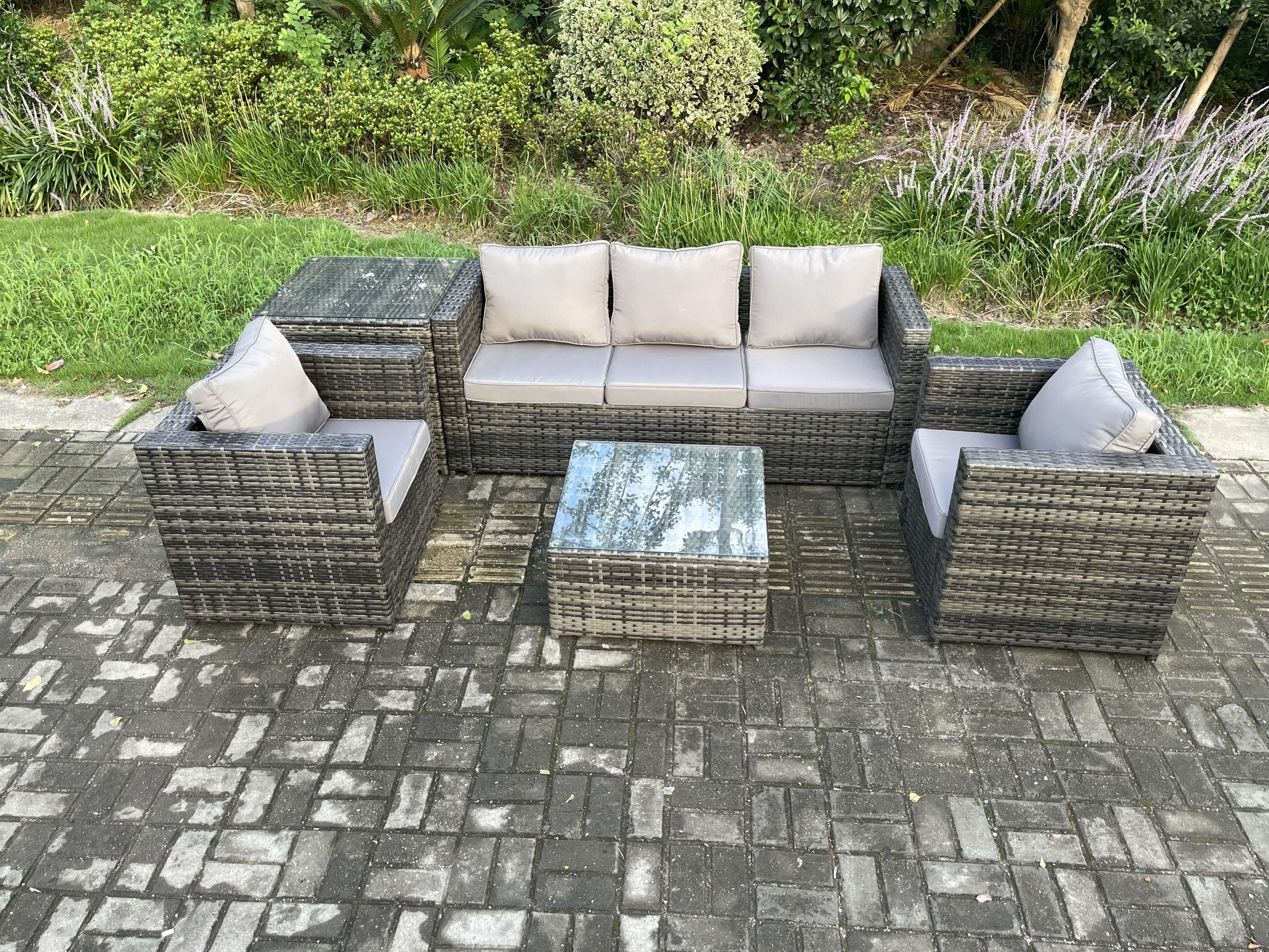 Outdoor Lounge Sofa Set Wicker PE Rattan Garden Furniture Set 2 Armchairs Side Table Squar Coffee Table