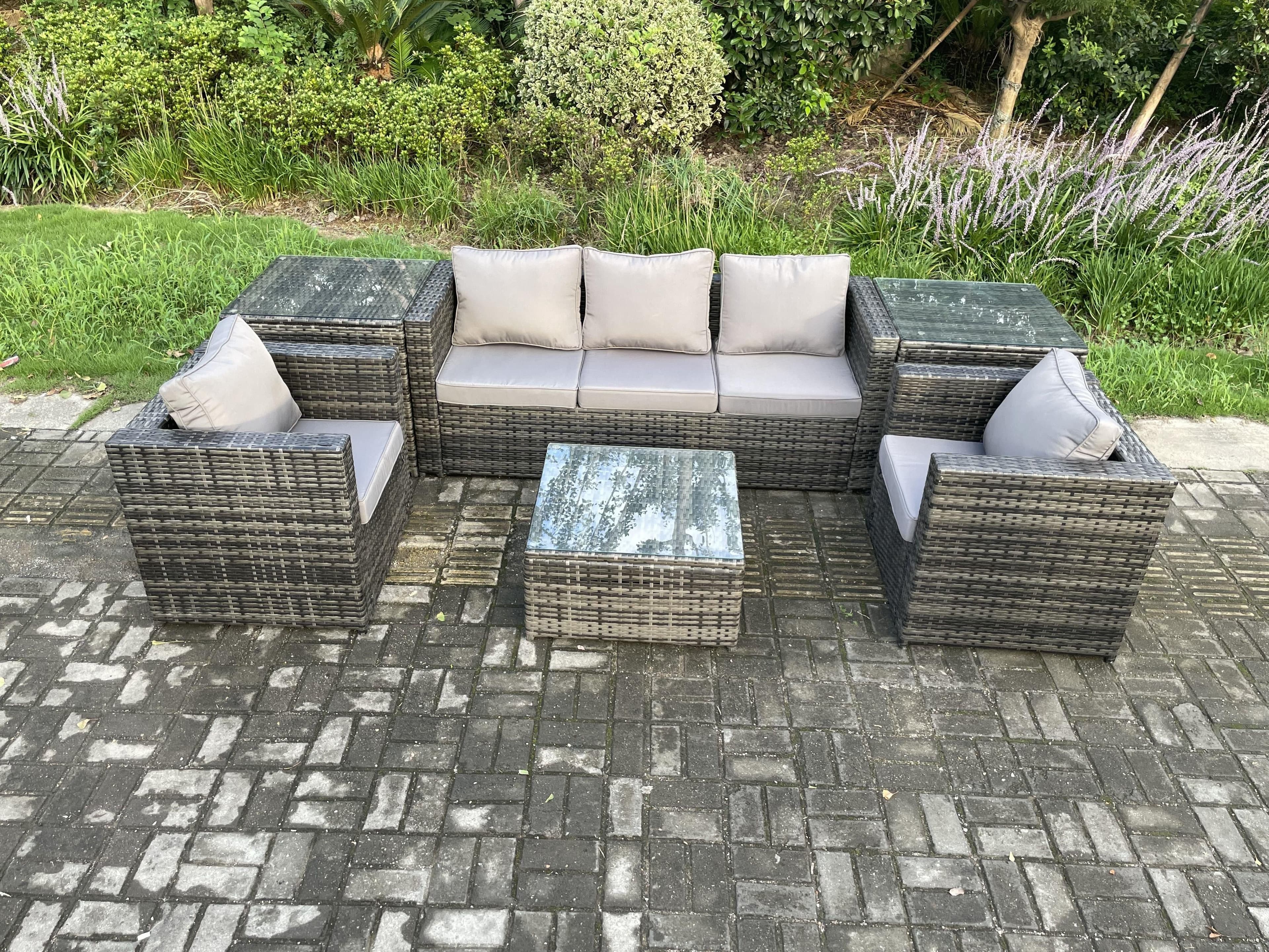 Wicker 6 Pieces Rattan Garden Furniture Sofa Set Armchair 2 Side Tables Square Coffee Table