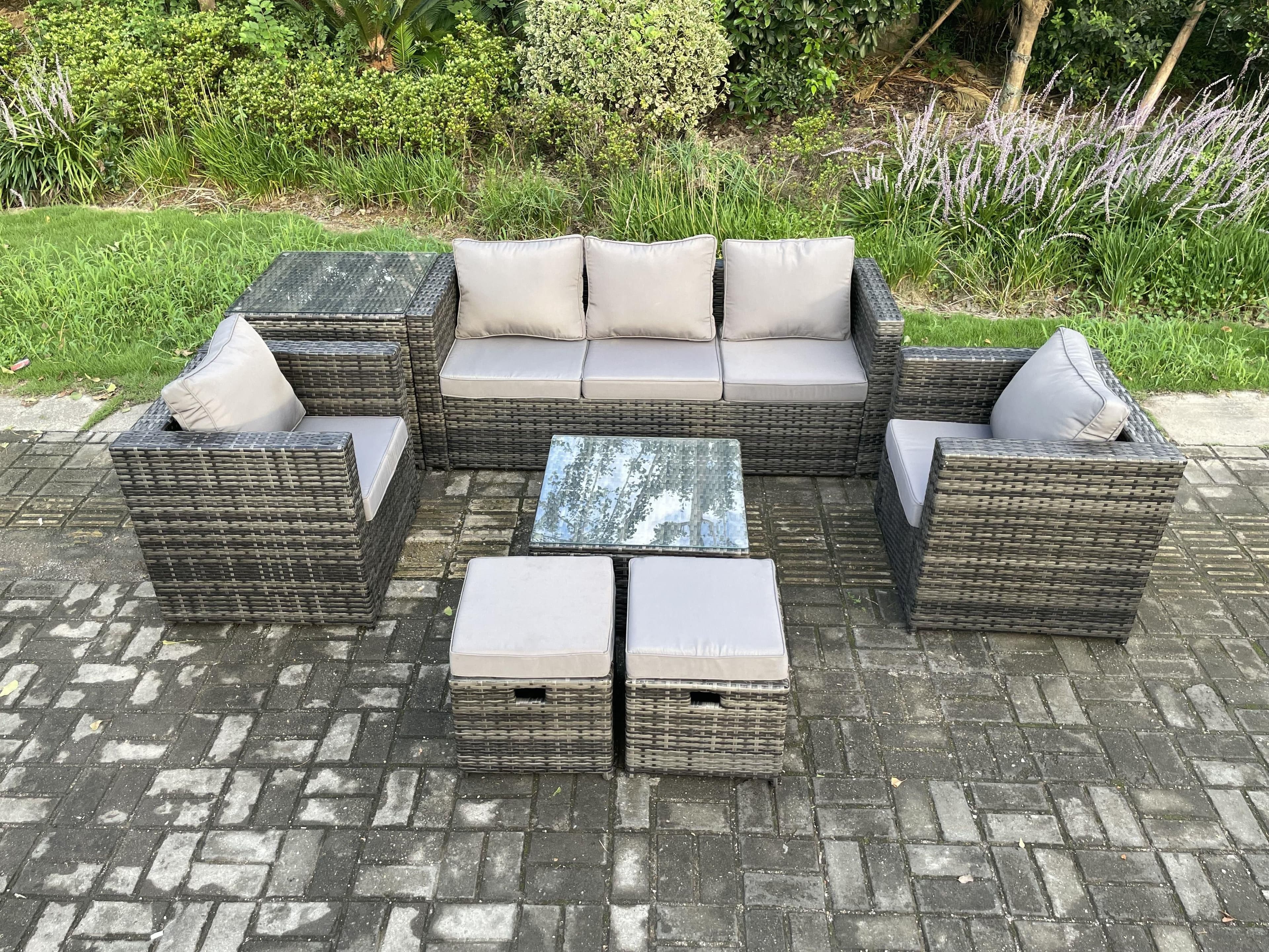 Wicker 7 Pieces Rattan Garden Furniture Sofa Set Armchair Side Table Square Coffee Table 2 Small Footstools