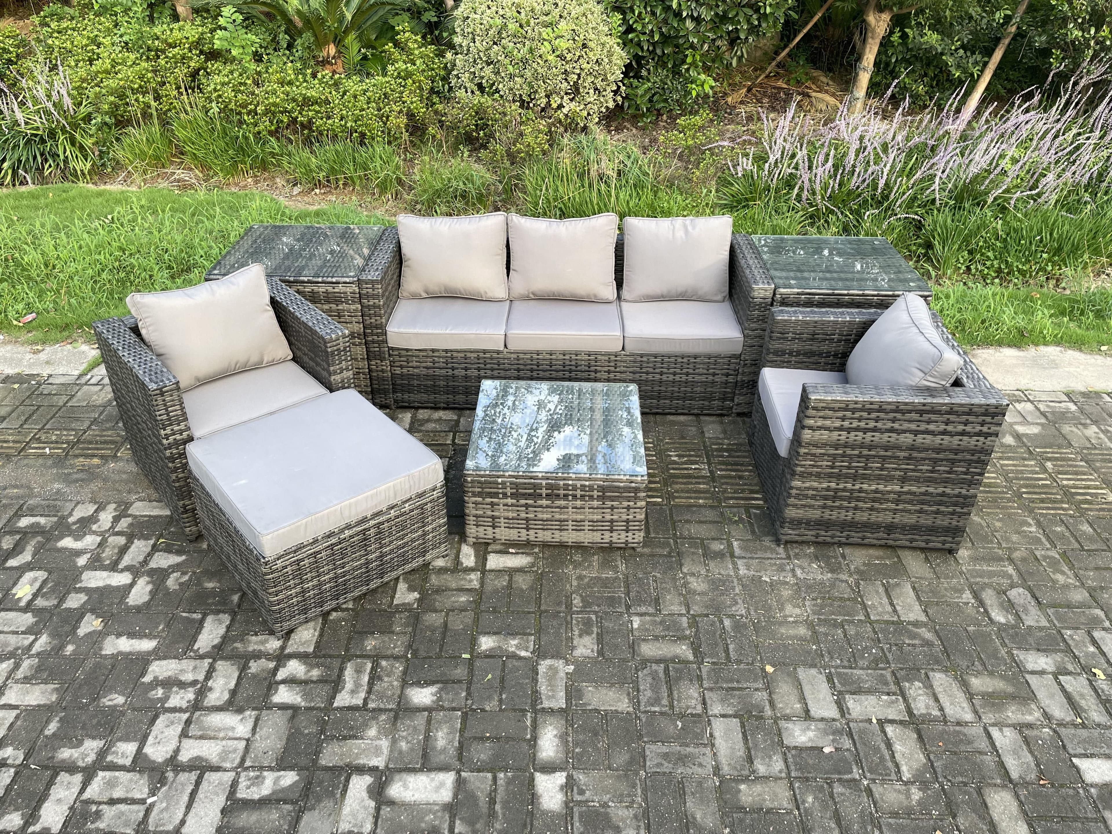 Wicker 7 Pieces Rattan Garden Furniture Sofa Set Armchair 2 Side Tables Square Coffee Table Dark Grey Mixed