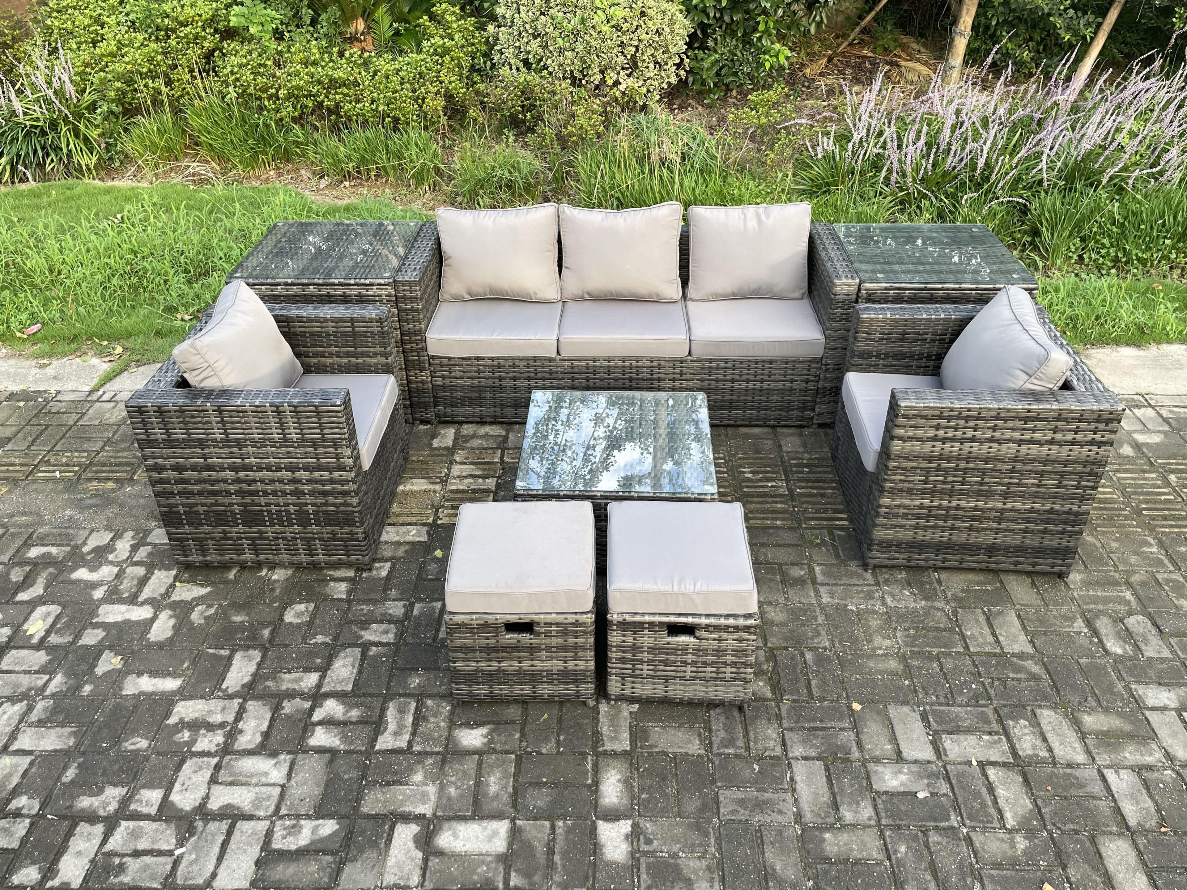 Wicker 8 Pieces Rattan Garden Furniture Sofa Set Armchair 2 Side Tables Square Coffee Table Dark Grey Mixed
