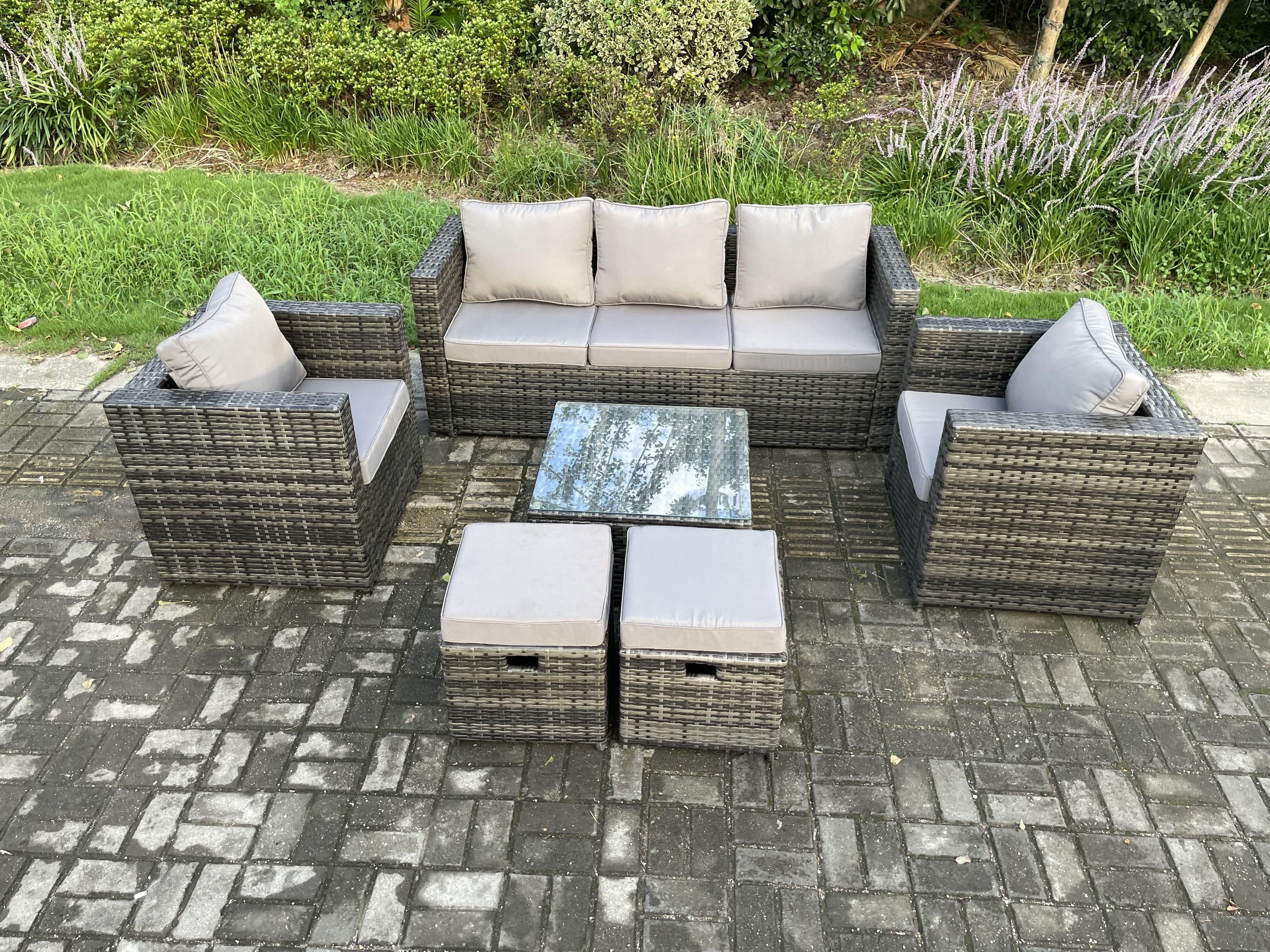 Wicker Rattan Garden Furniture Sofa Set Armchair Square Coffee Table 2 Small Footstools Dark Grey Mixed