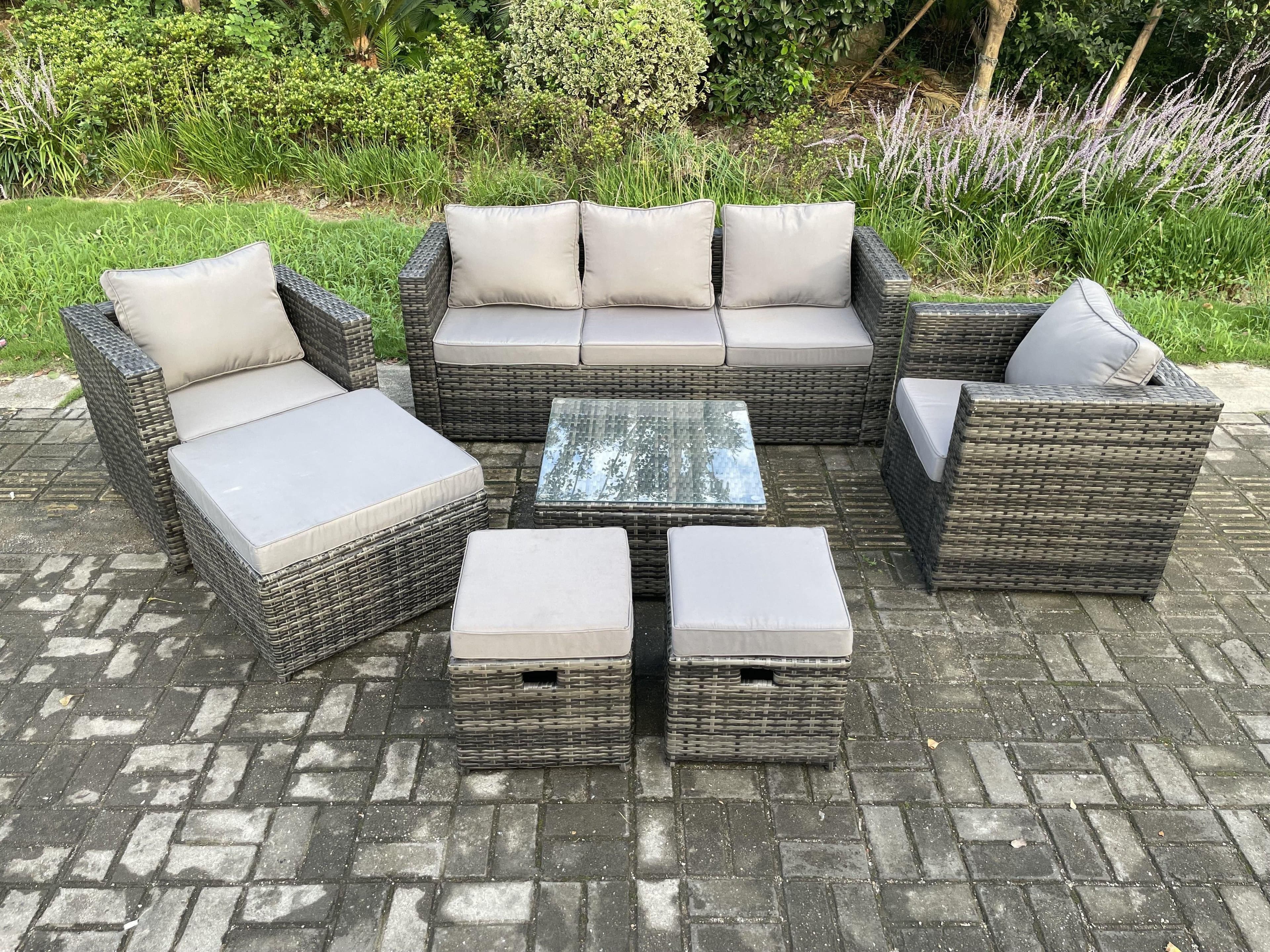 Wicker Rattan Garden Furniture Sofa Set Armchair Square Coffee Table 3 Footstools Dark Grey Mixed