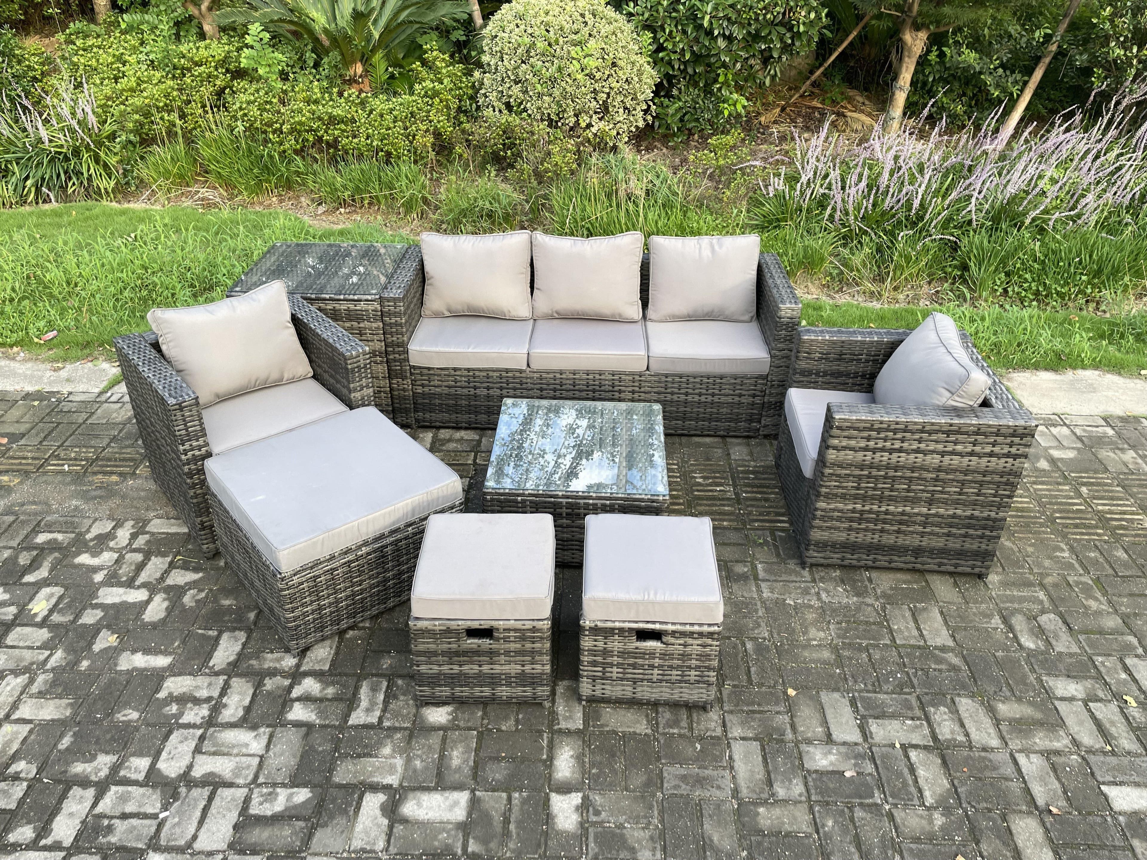 8 Seater Wicker Rattan Garden Furniture Sofa Set Side Table Armchair Square Coffee Table Dark Grey Mixed