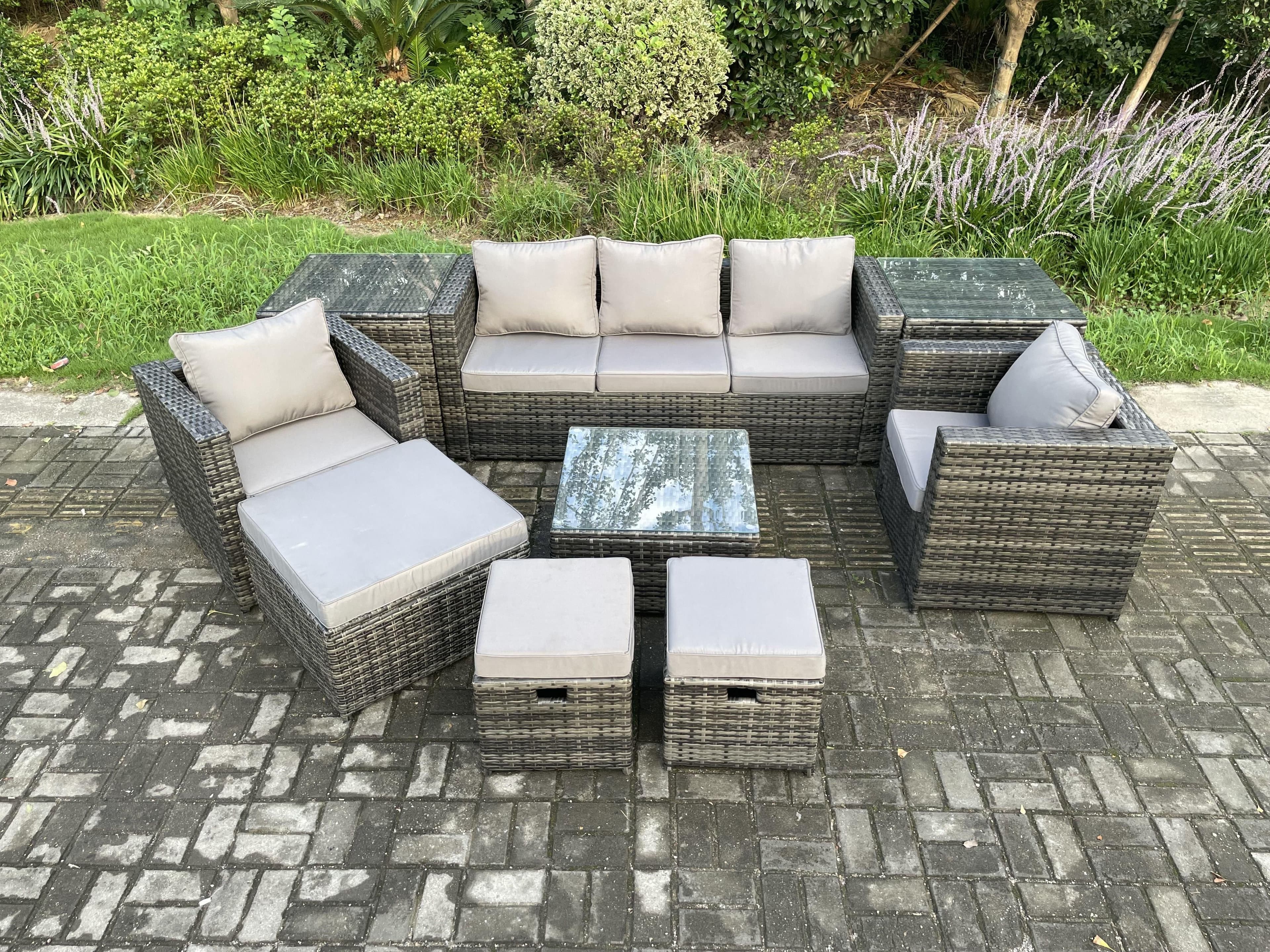 Wicker Rattan Garden Furniture Sofa Set 2 Side Tables Armchair Square Coffee Table 3 Footstools 8 Seater
