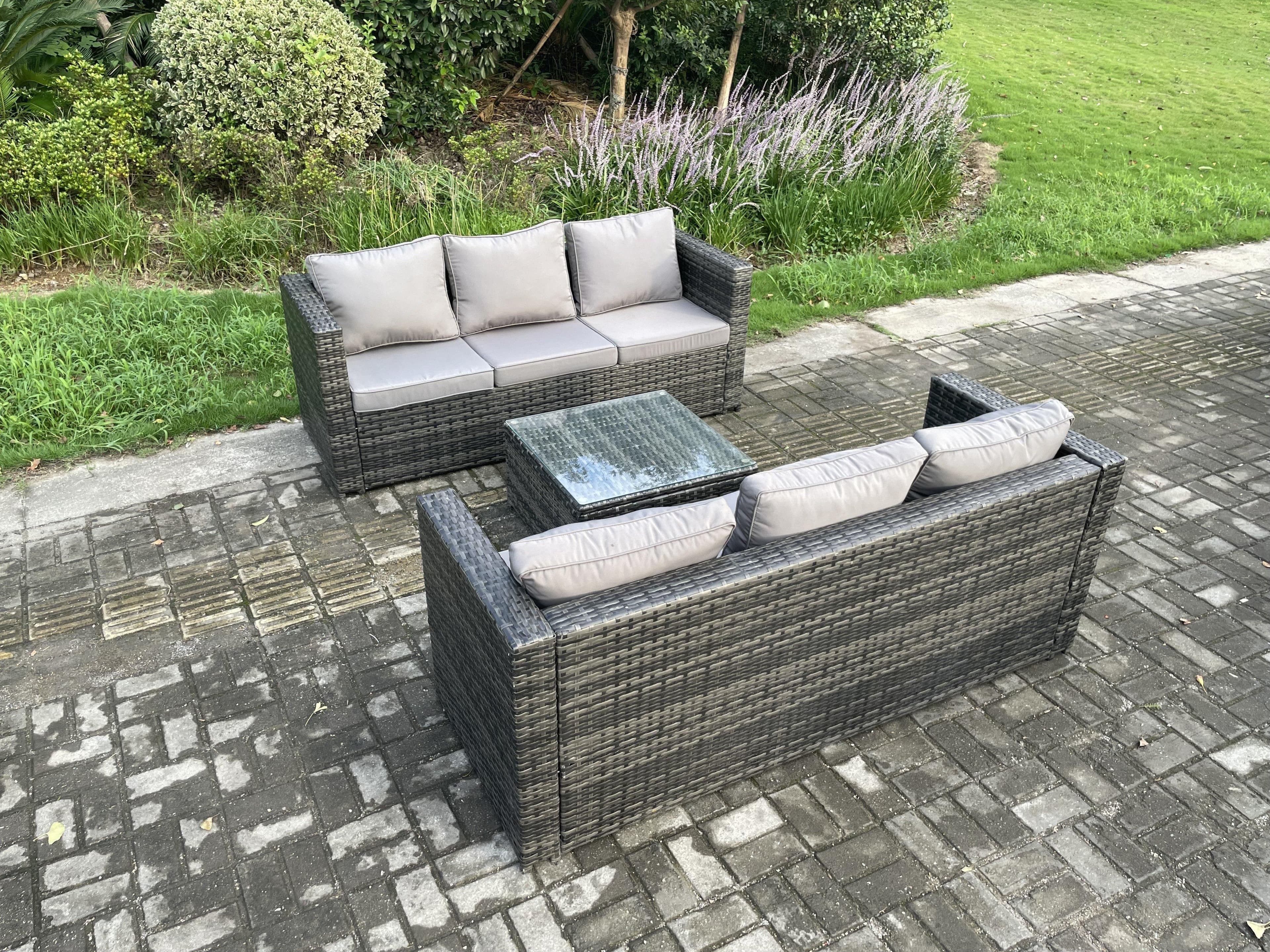 Wicker Rattan Garden Furniture Sofa Set Square Coffee Table 6 Seater Outdoor Rattan Set Dark Grey Mixed