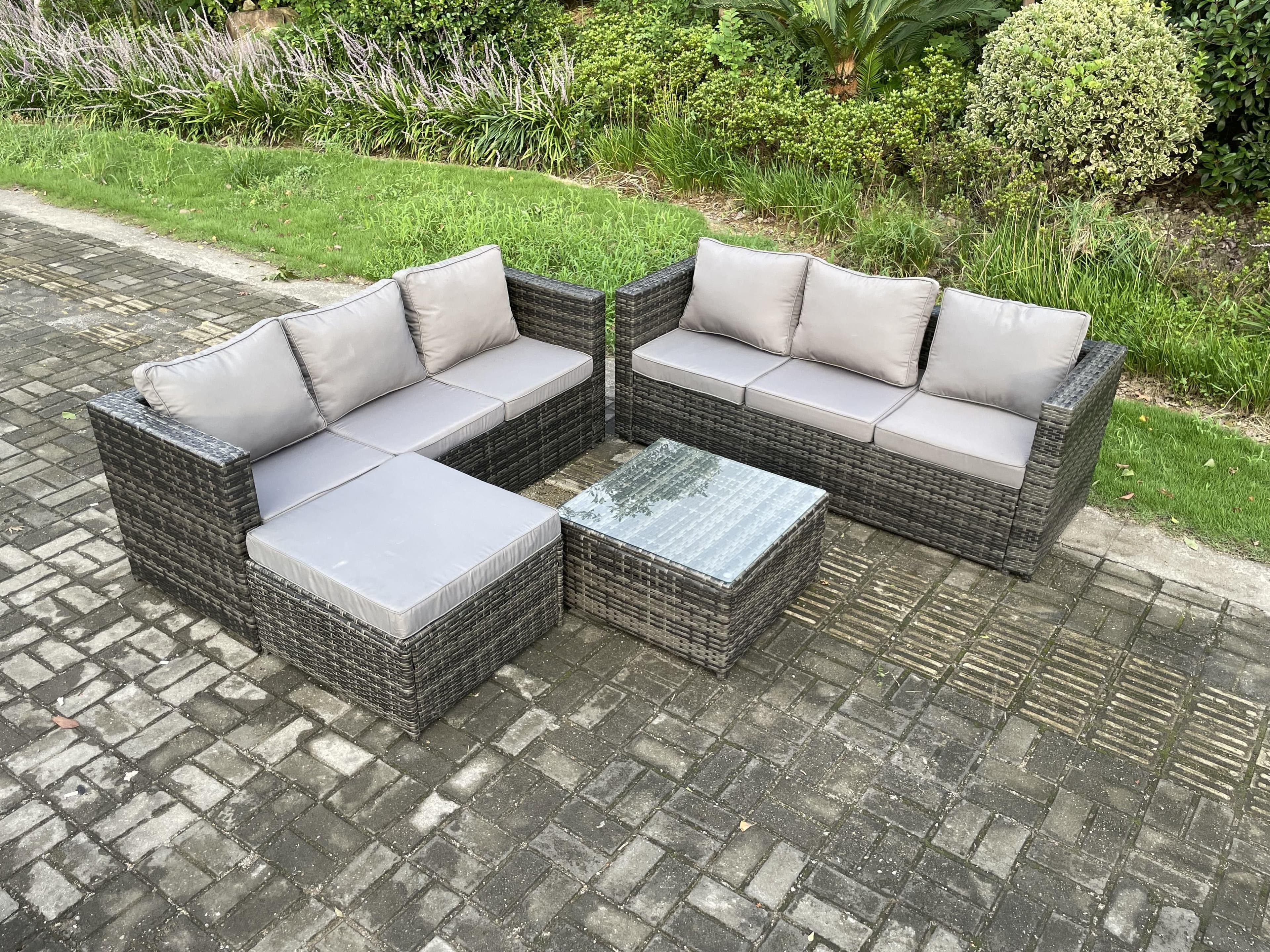 Wicker Rattan Garden Furniture Sofa Set Square Coffee Table Big Footstool 7 Seater Outdoor Rattan Set