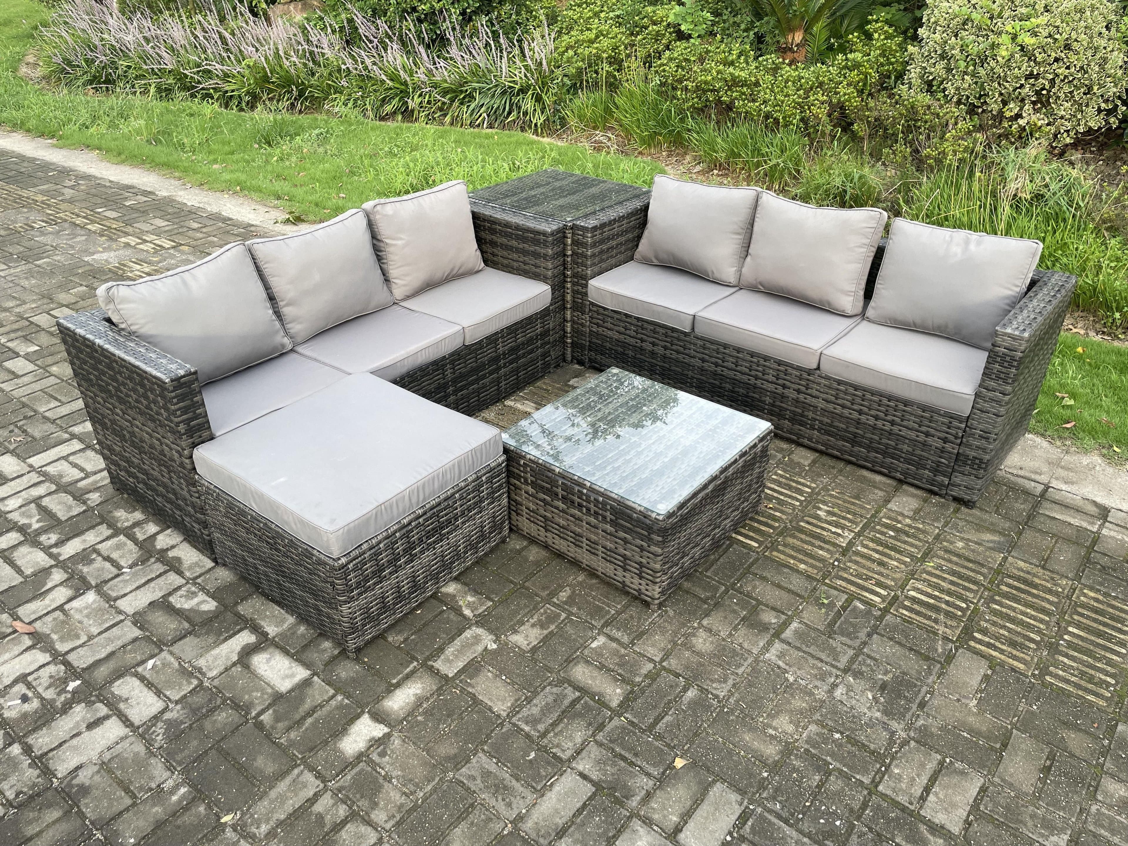 7 Seater Rattan Garden Furniture Sofa Set Side Table Square Coffee Table Big Footstool Indoor Outdoor Rattan Set
