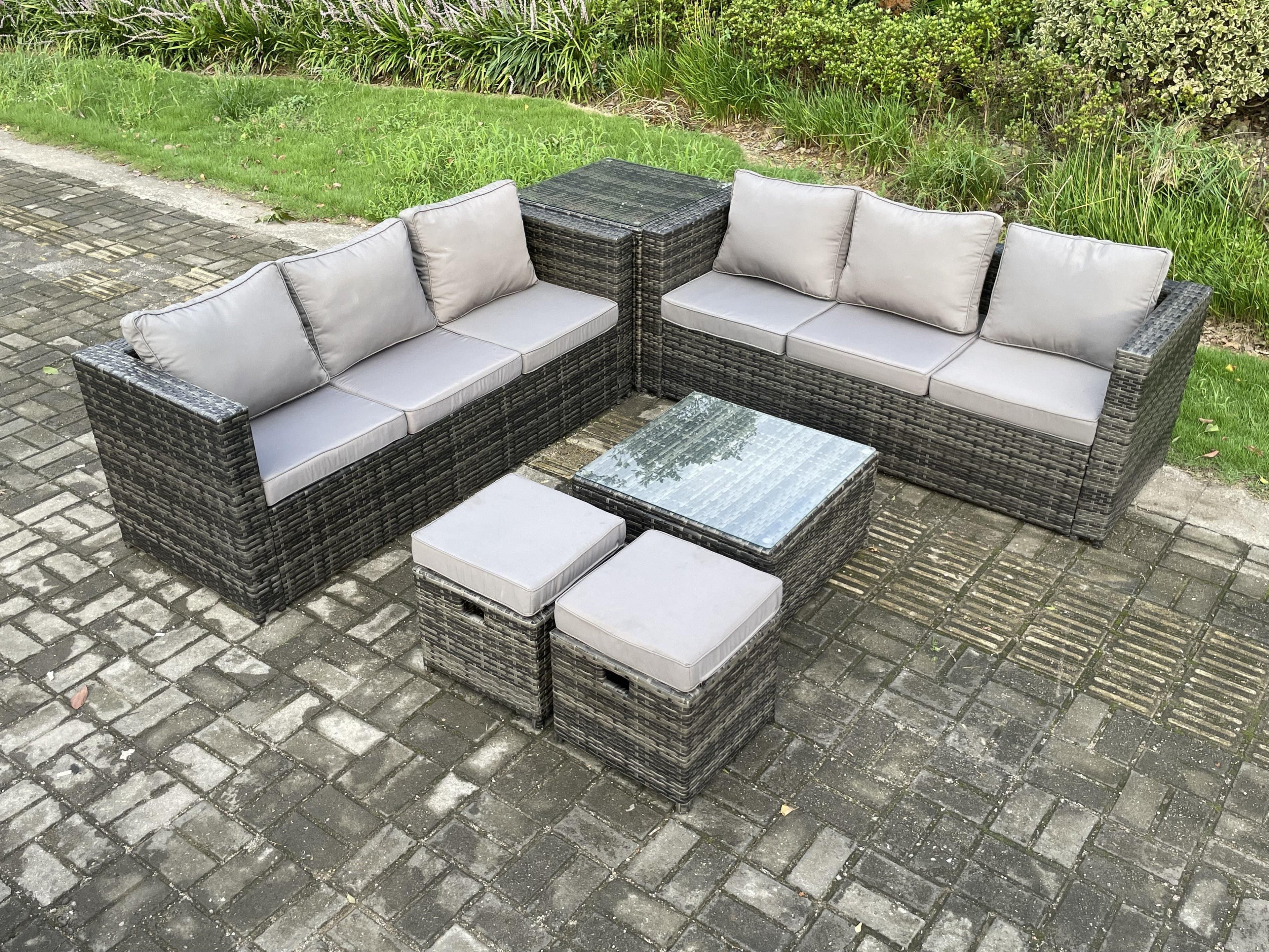 8 Seater Rattan Garden Furniture Sofa Set Side Table Square Coffee Table 2 Small Footstool Dark Grey Mixed