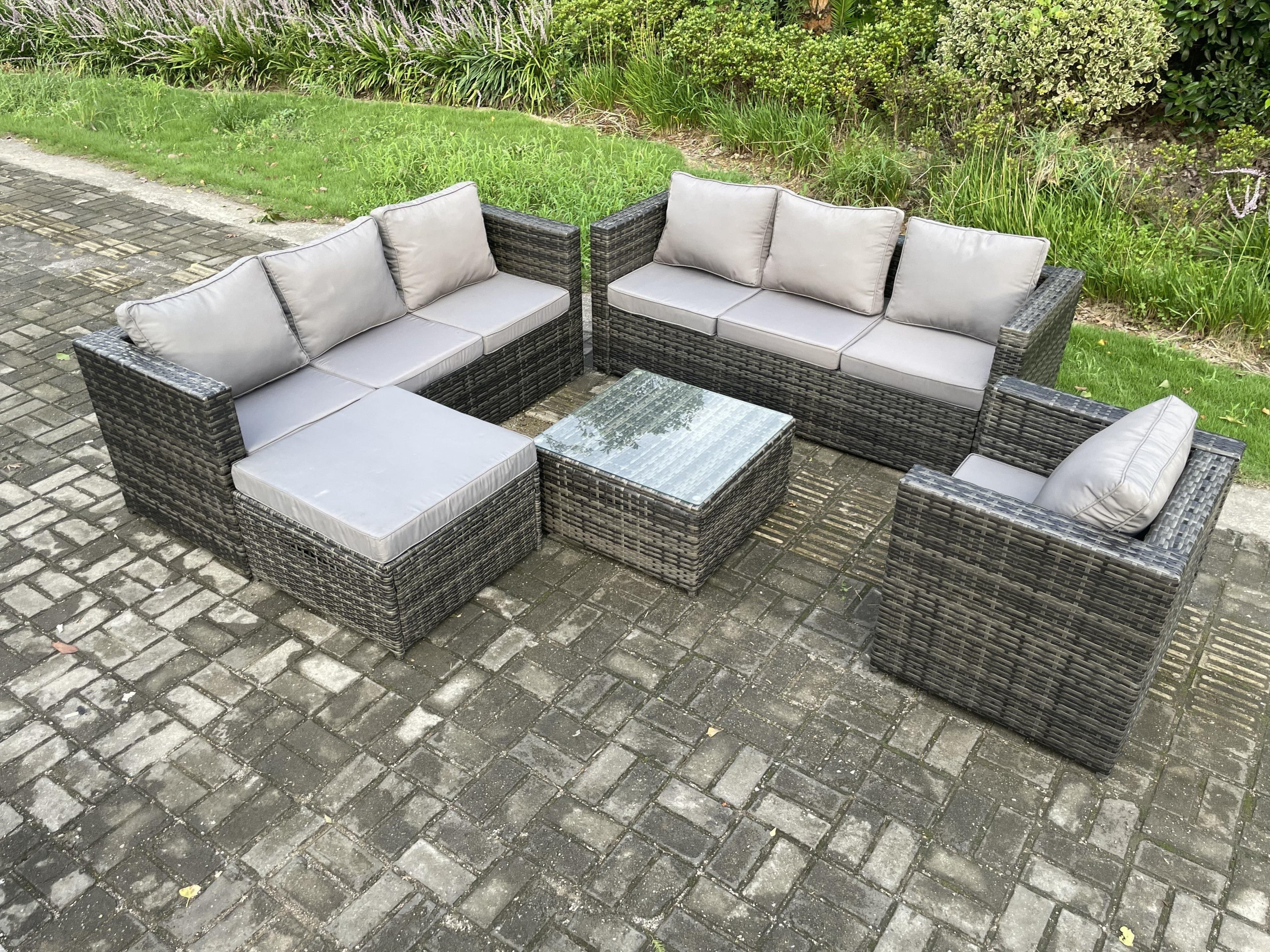 Rattan Garden Furniture Sofa Set Armchair Square Coffee Table Big Footstool Indoor Outdoor 8 Seater Rattan Set