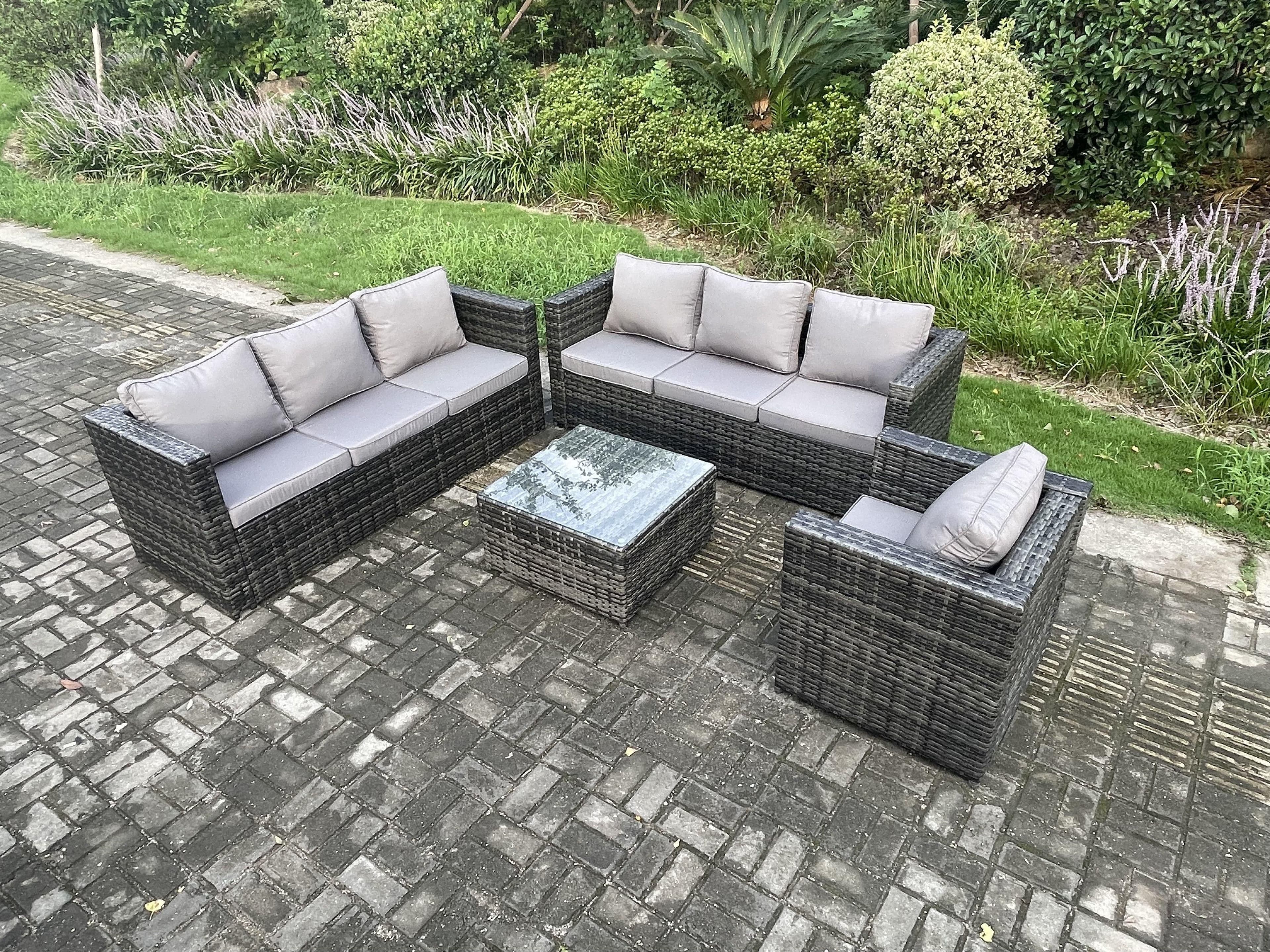 Rattan Garden Furniture Sofa Set Armchair Square Coffee Table Indoor Outdoor 7 Seater Rattan Set Dark Grey Mixed