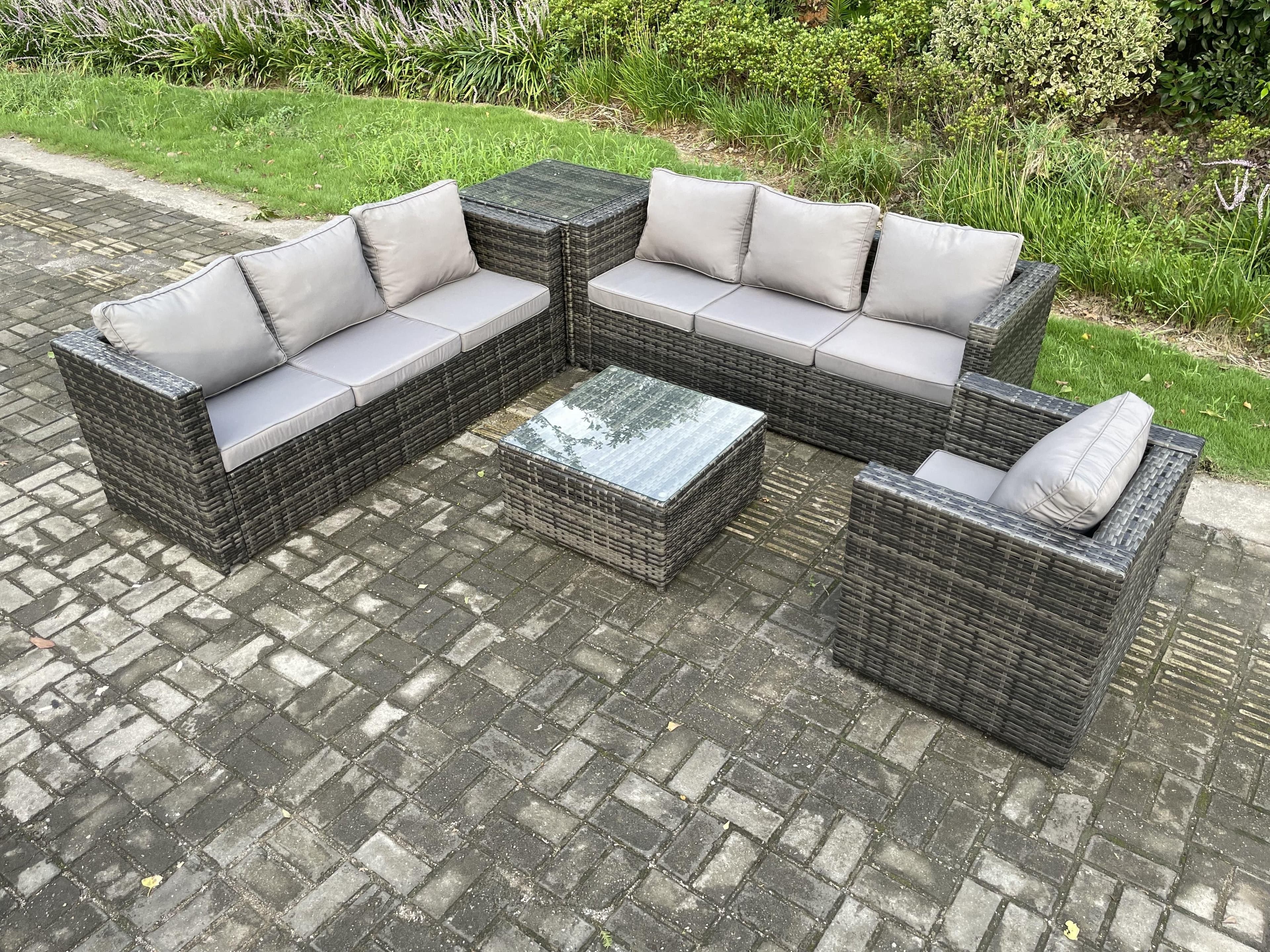 Rattan Garden Furniture Sofa Set Armchair Square Coffee Table Side Table Indoor Outdoor 7 Seater Rattan Set