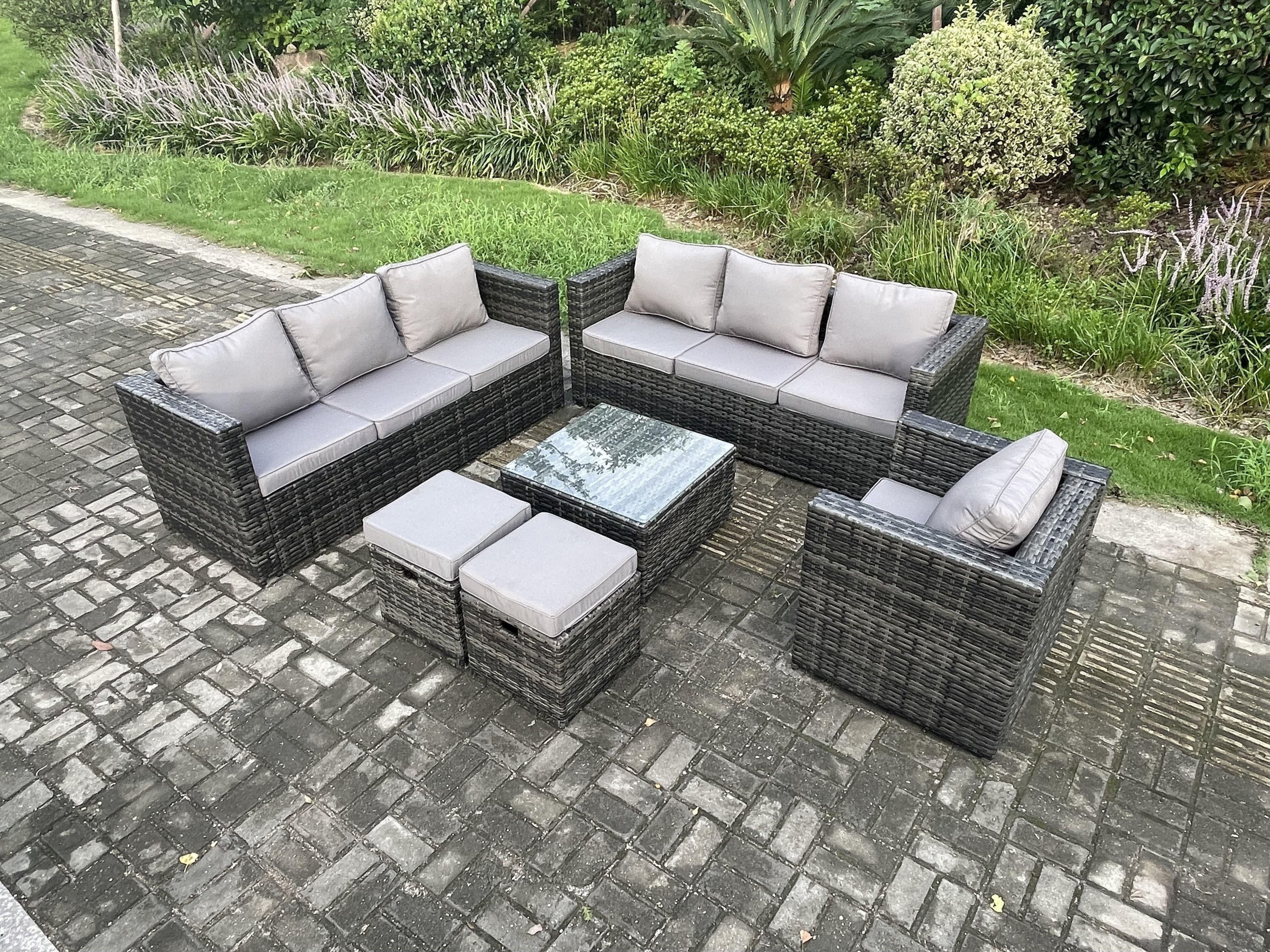 Rattan Garden Furniture Sofa Set Armchair Square Coffee Table 2 Small Footstools Indoor Side Table Outdoor 9 Seater