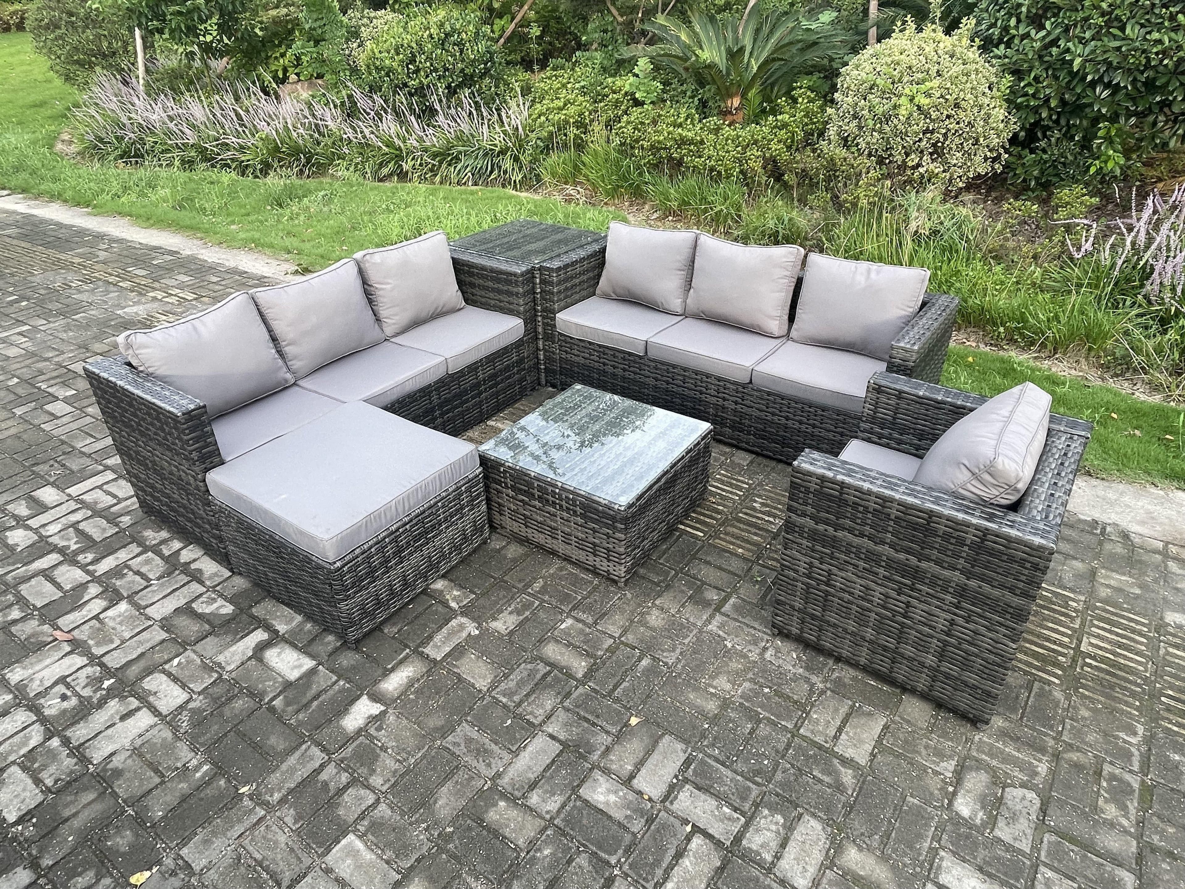 Rattan Garden Furniture Sofa Set Armchair Side Table Square Coffee Table Big Footstool Indoor Side Table Outdoor