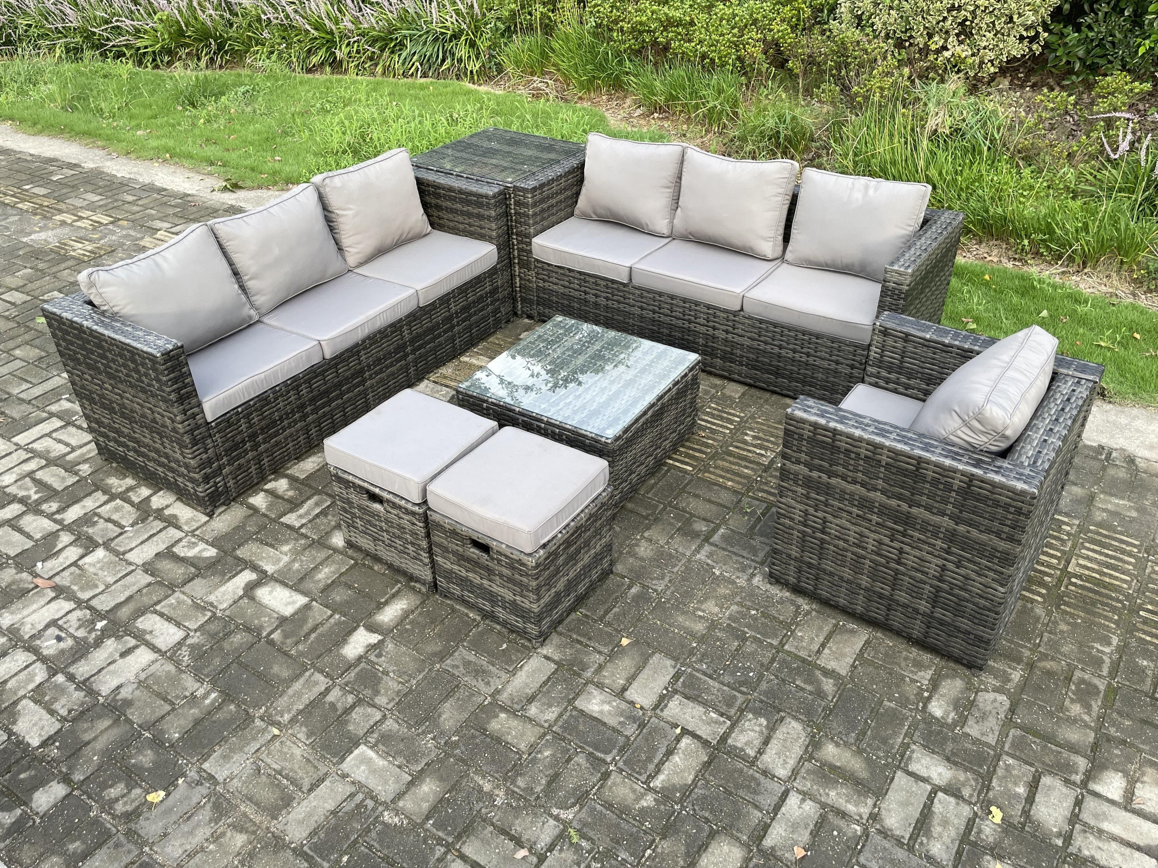 9 Seater Rattan Garden Furniture Sofa Set Armchair Side Table Square Coffee Table 2 Small Footstools Indoor