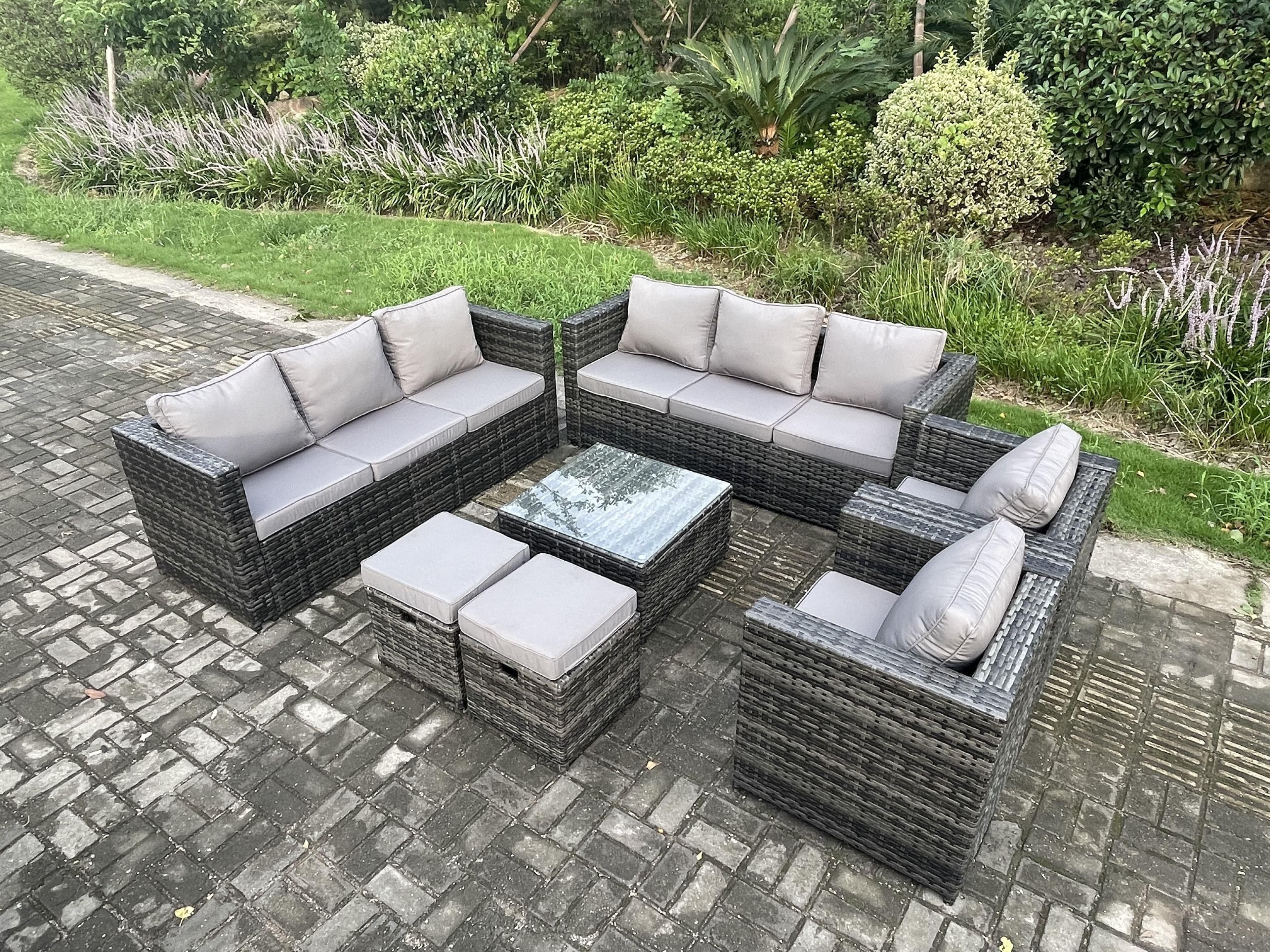 10 Seater Rattan Garden Furniture Sofa Set 2 Armchairs Square Coffee Table 2 Small Footstools Indoor Side Table
