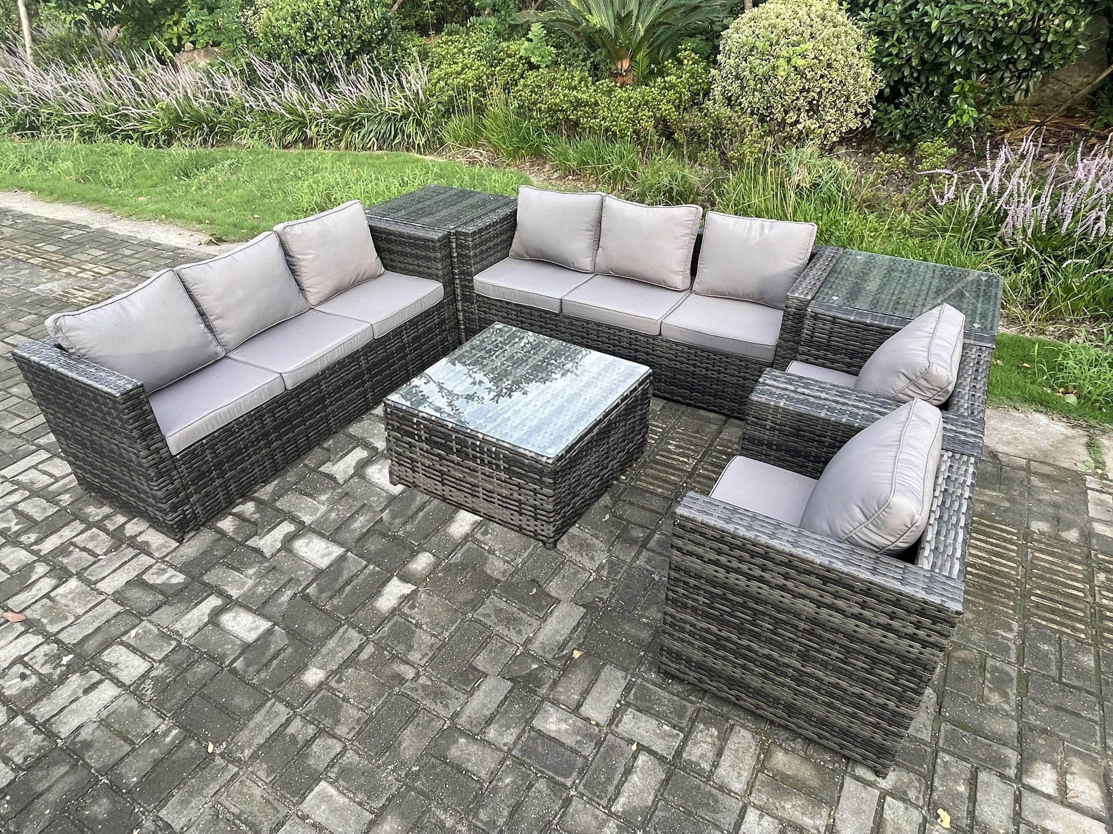 8 Seater Rattan Garden Furniture Sofa Set 2 Armchairs Square Coffee Table 2 Side Tables Indoor Side Table
