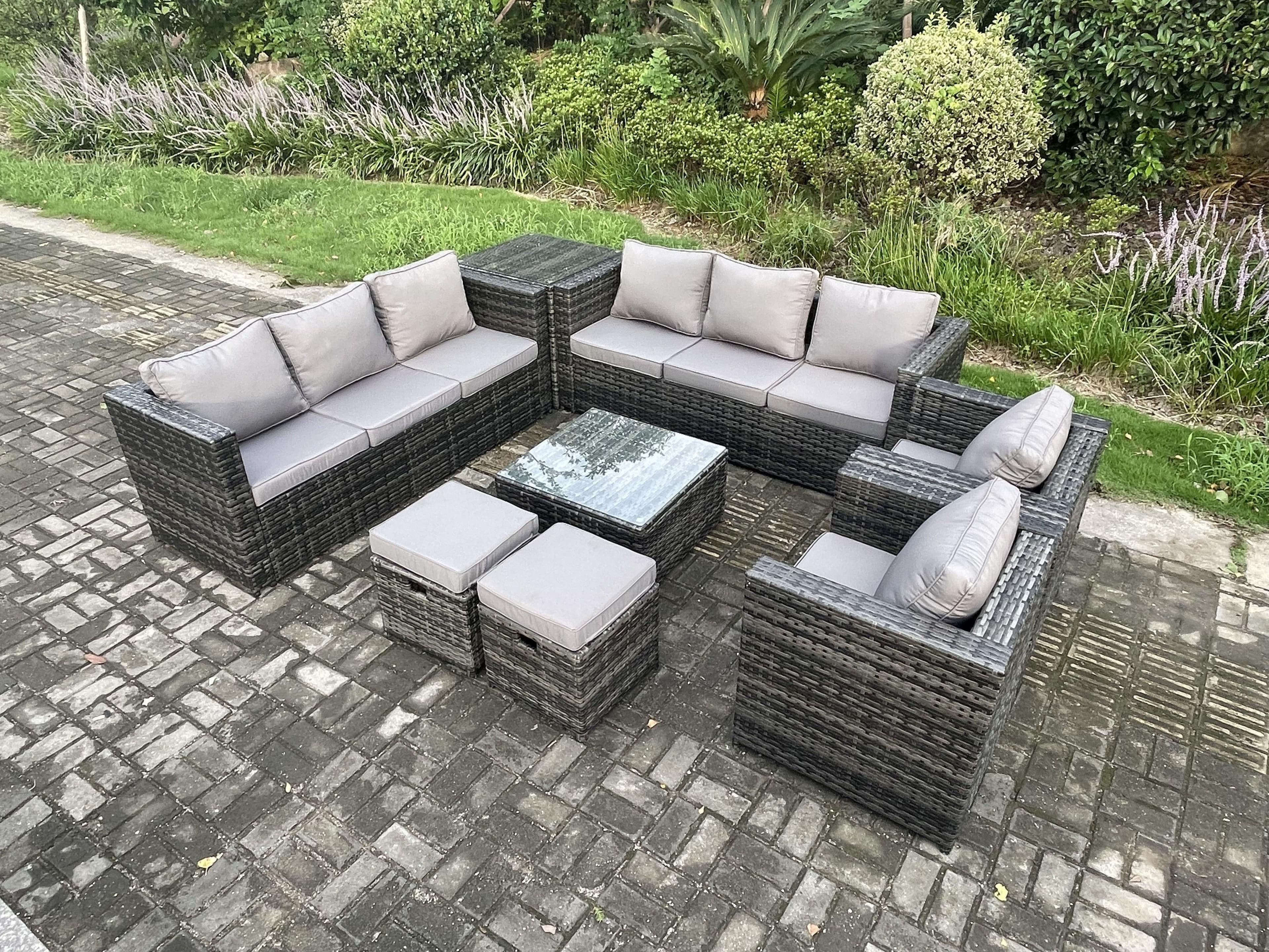 Rattan Garden Furniture Sofa Set 2 Armchairs Square Coffee Table Side Table 2 Small Footstools Indoor Side Table