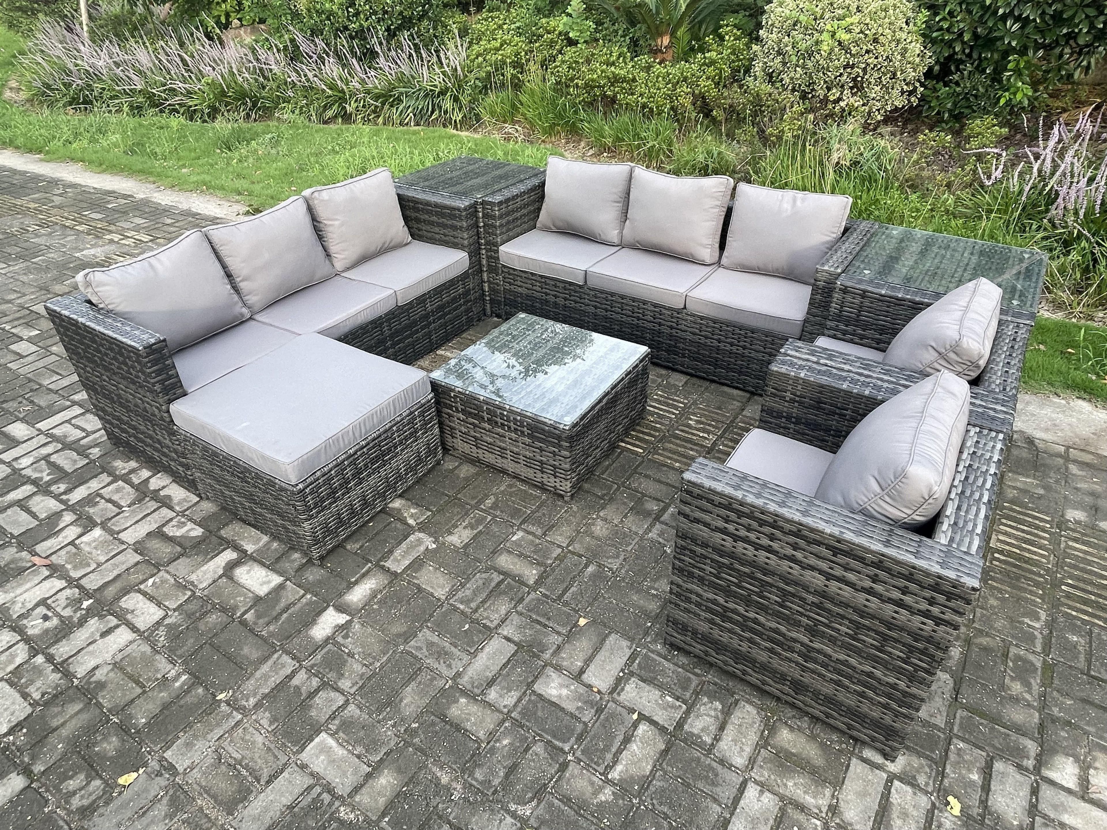 Rattan Garden Furniture Sofa Set 2 Armchairs Square Coffee Table Side Table Big Footstool Indoor Side Table