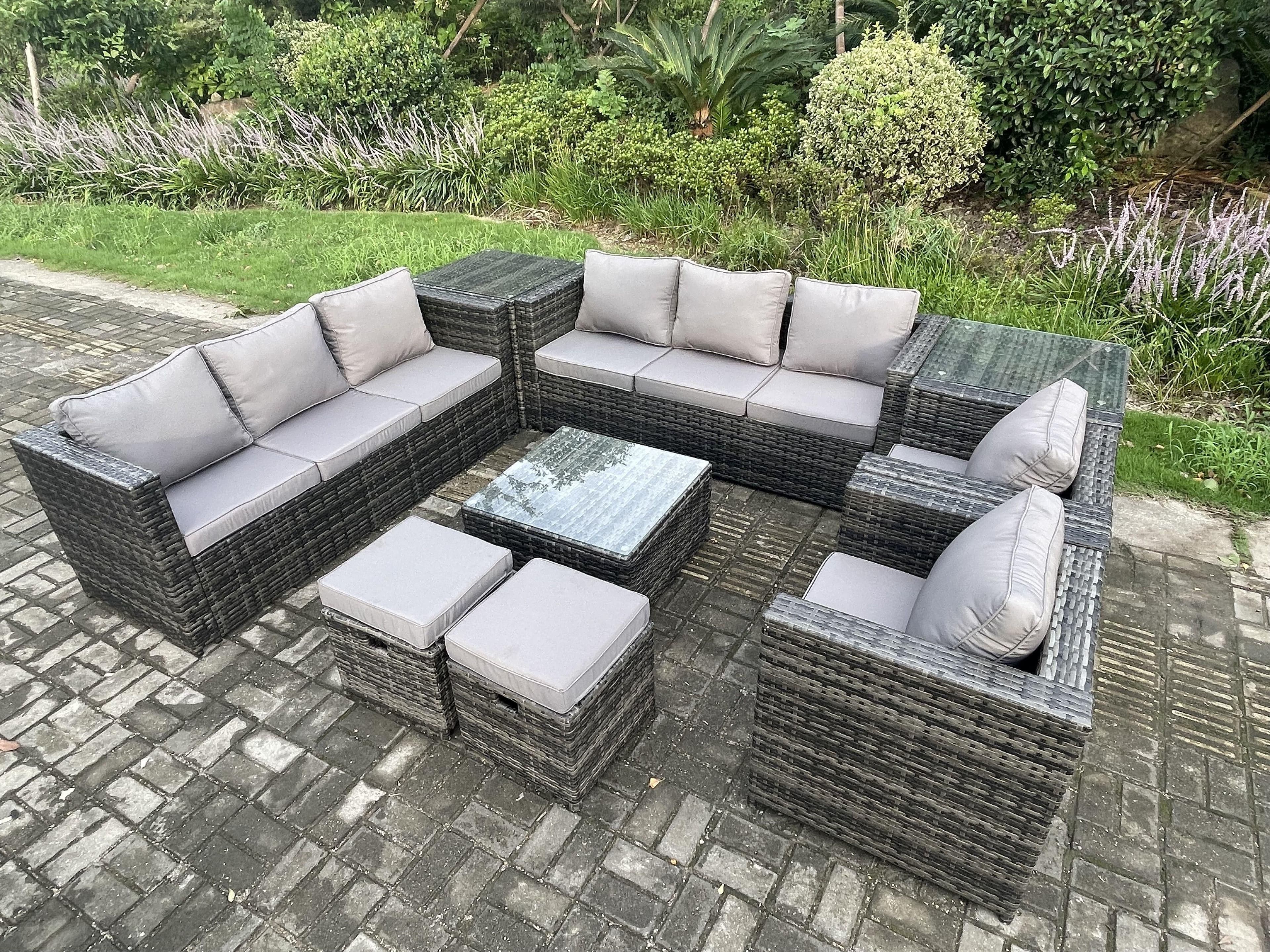 Outdoor Rattan Garden Furniture Set 10 Seater Patio Lounge Sofa Set 2 Armchairs Square Coffee Table 2 Side Tables