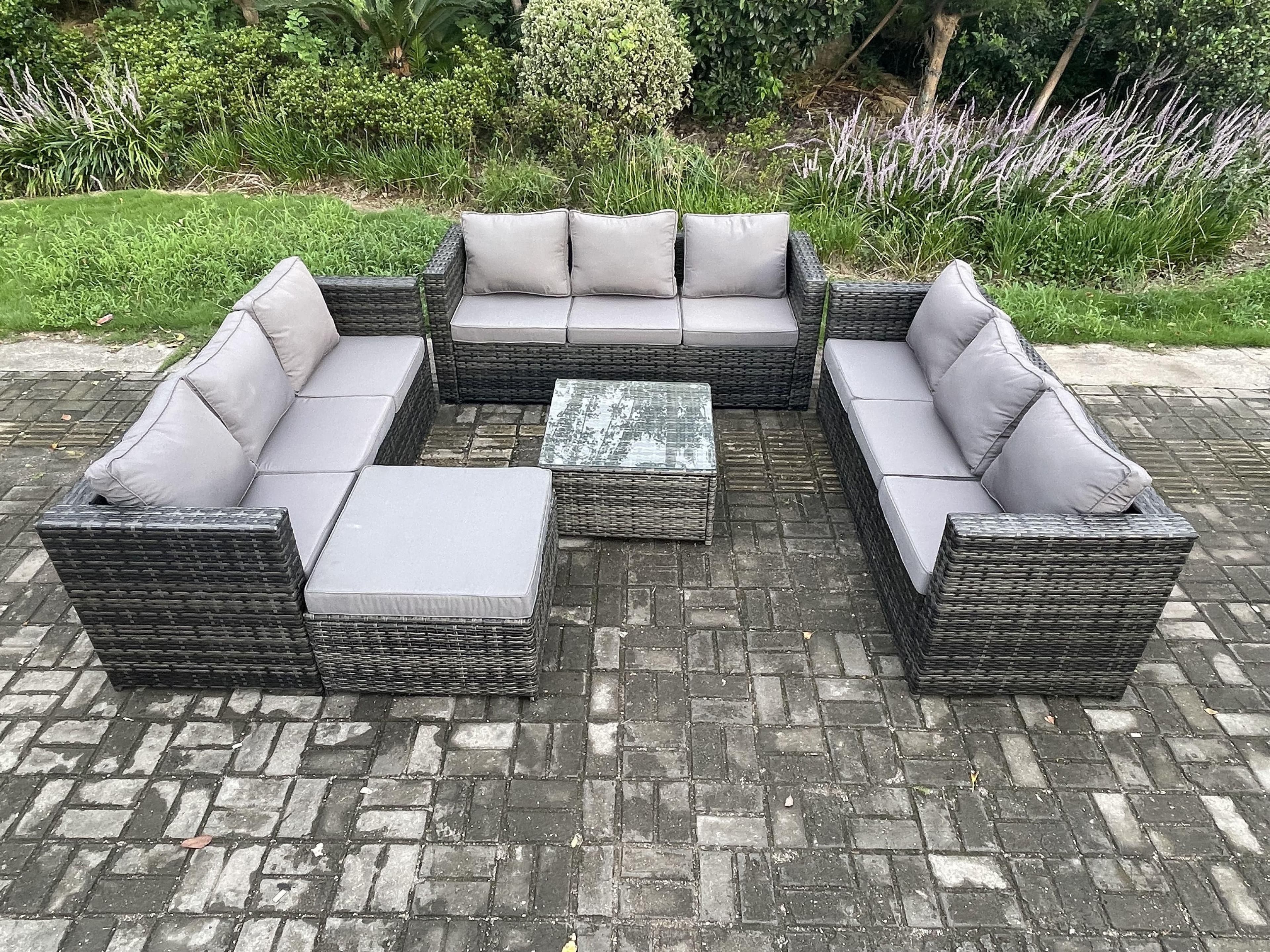 Outdoor Rattan Garden Furniture Set 10 Seater Patio Lounge Sofa Set Square Coffee Table Big Footstool