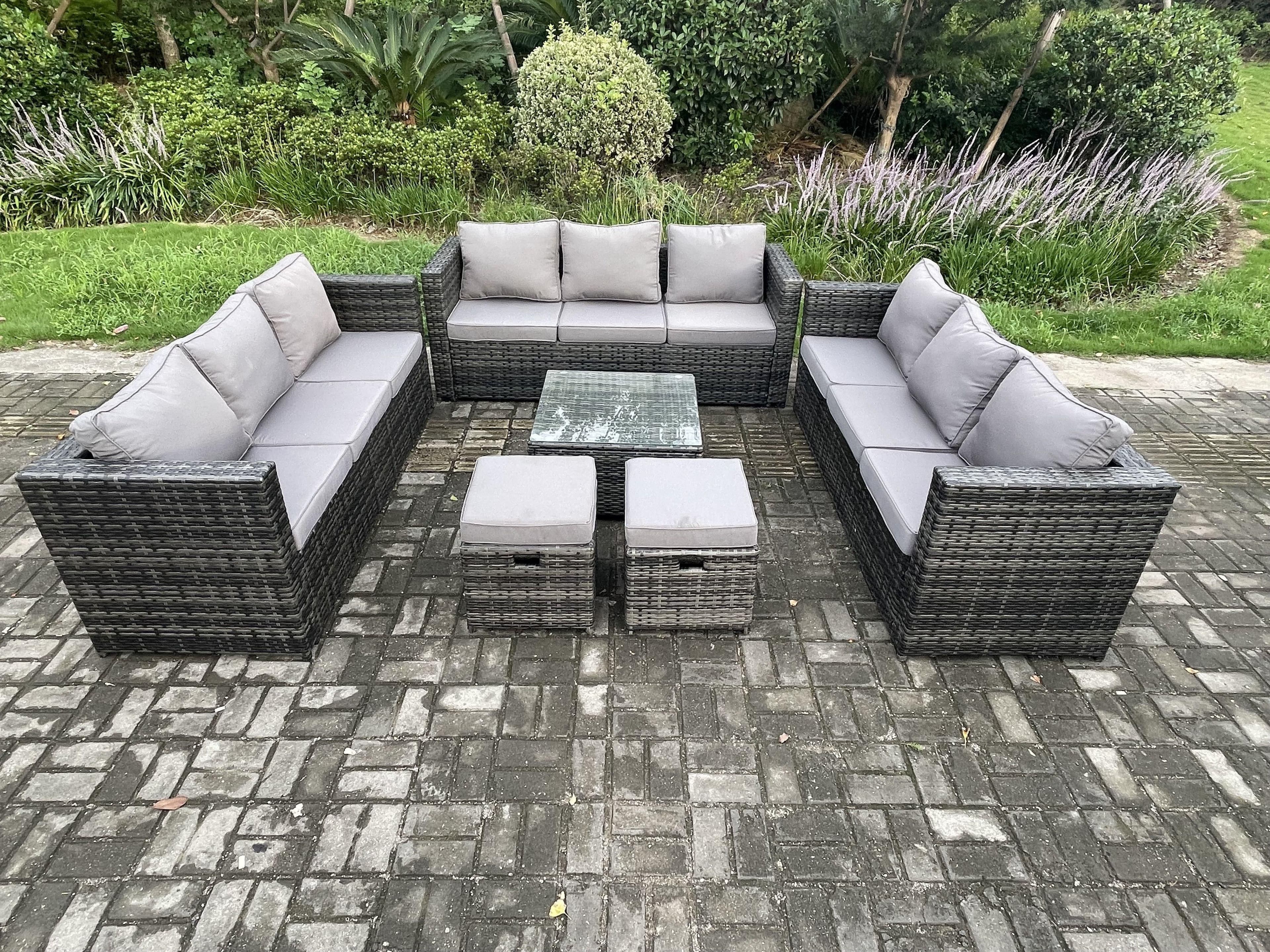 Outdoor Rattan Garden Furniture Set 11 Seater Patio Lounge Sofa Set Square Coffee Table 2 Small Footstool