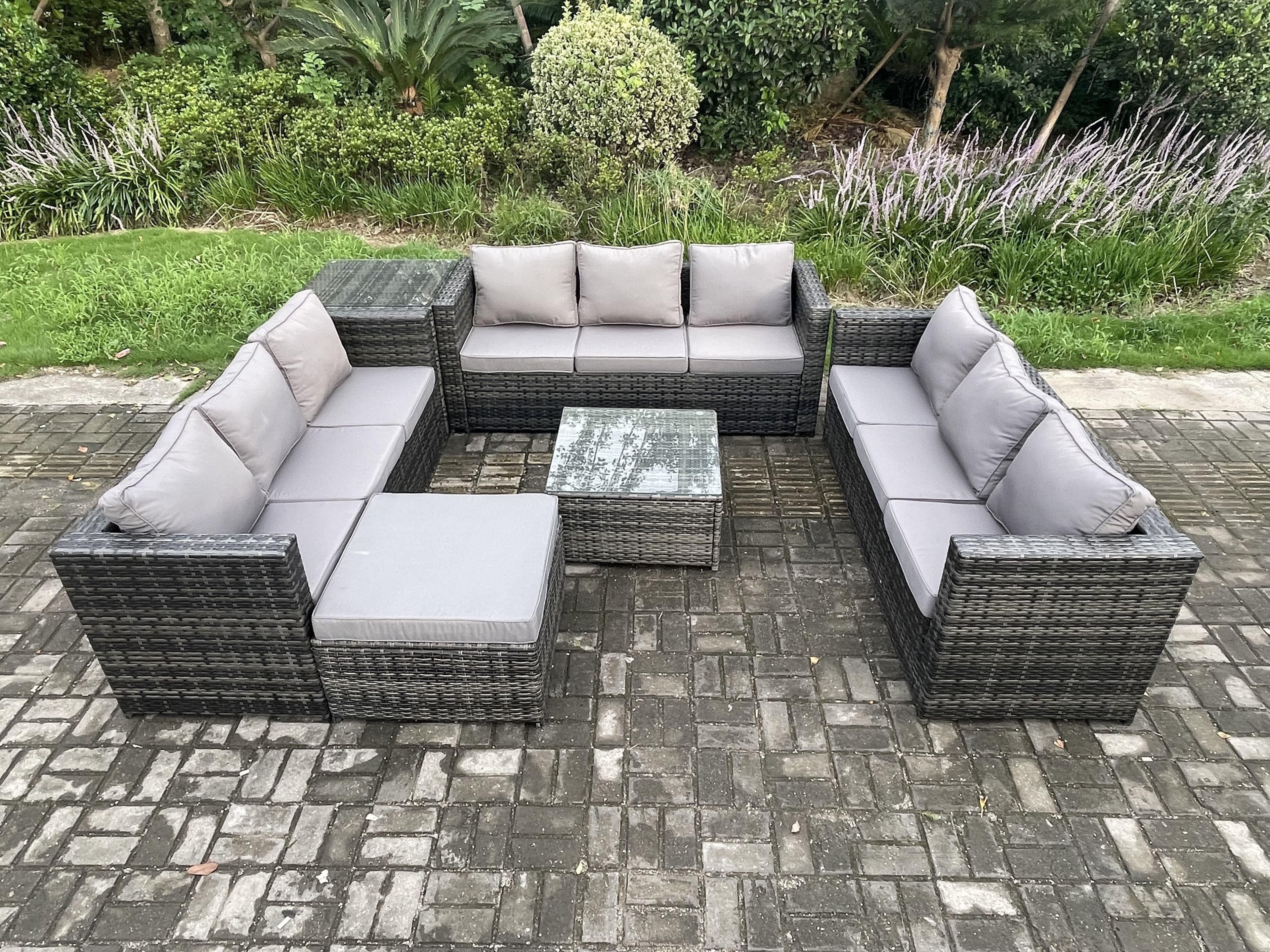 Outdoor Rattan Garden Furniture Set 10 Seater Patio Lounge Sofa Set Side Table Square Coffee Table Big Footstool