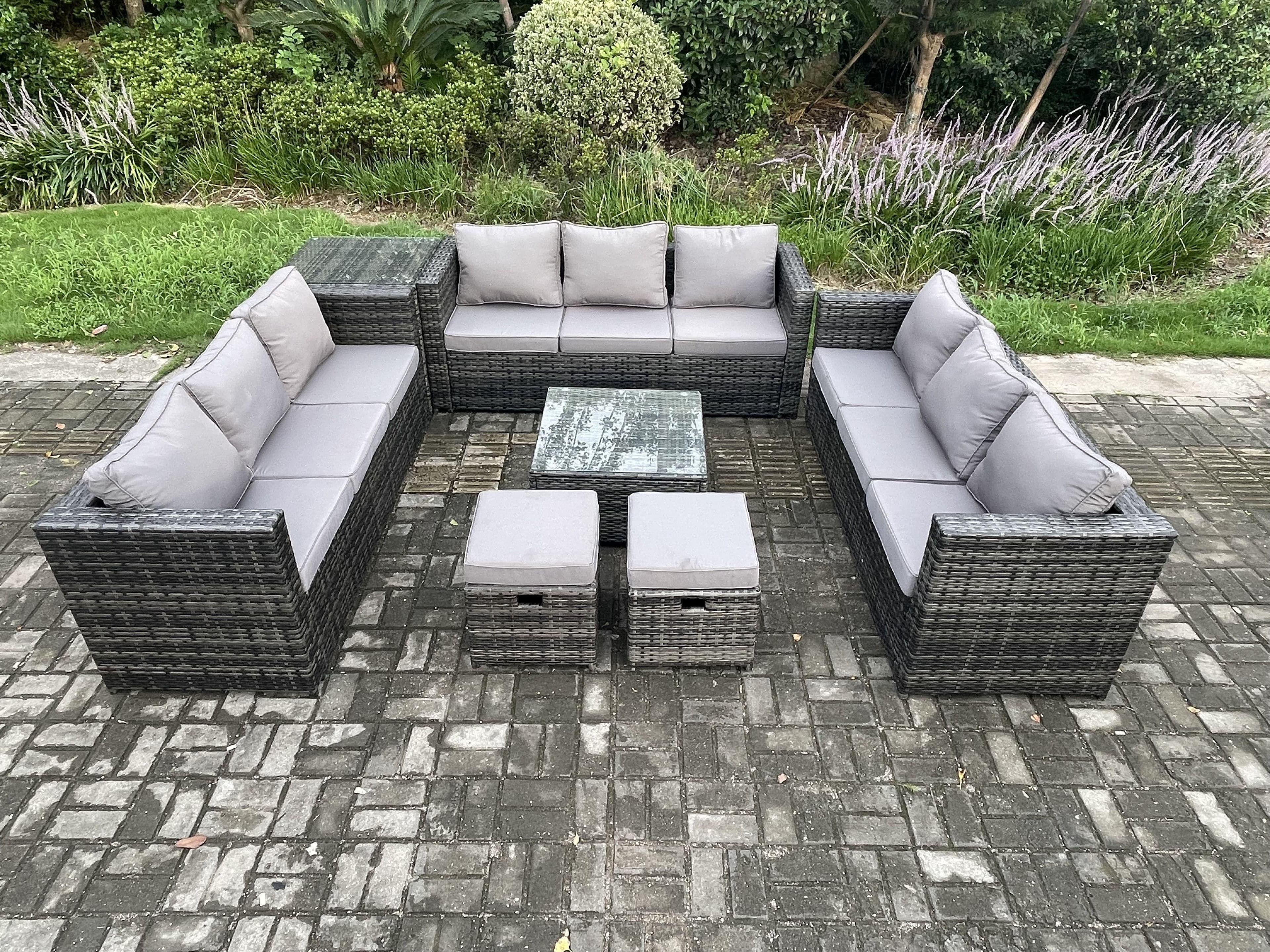 11 Seater Outdoor Rattan Garden Furniture Set Patio Lounge Sofa Set Side Table Square Coffee Table