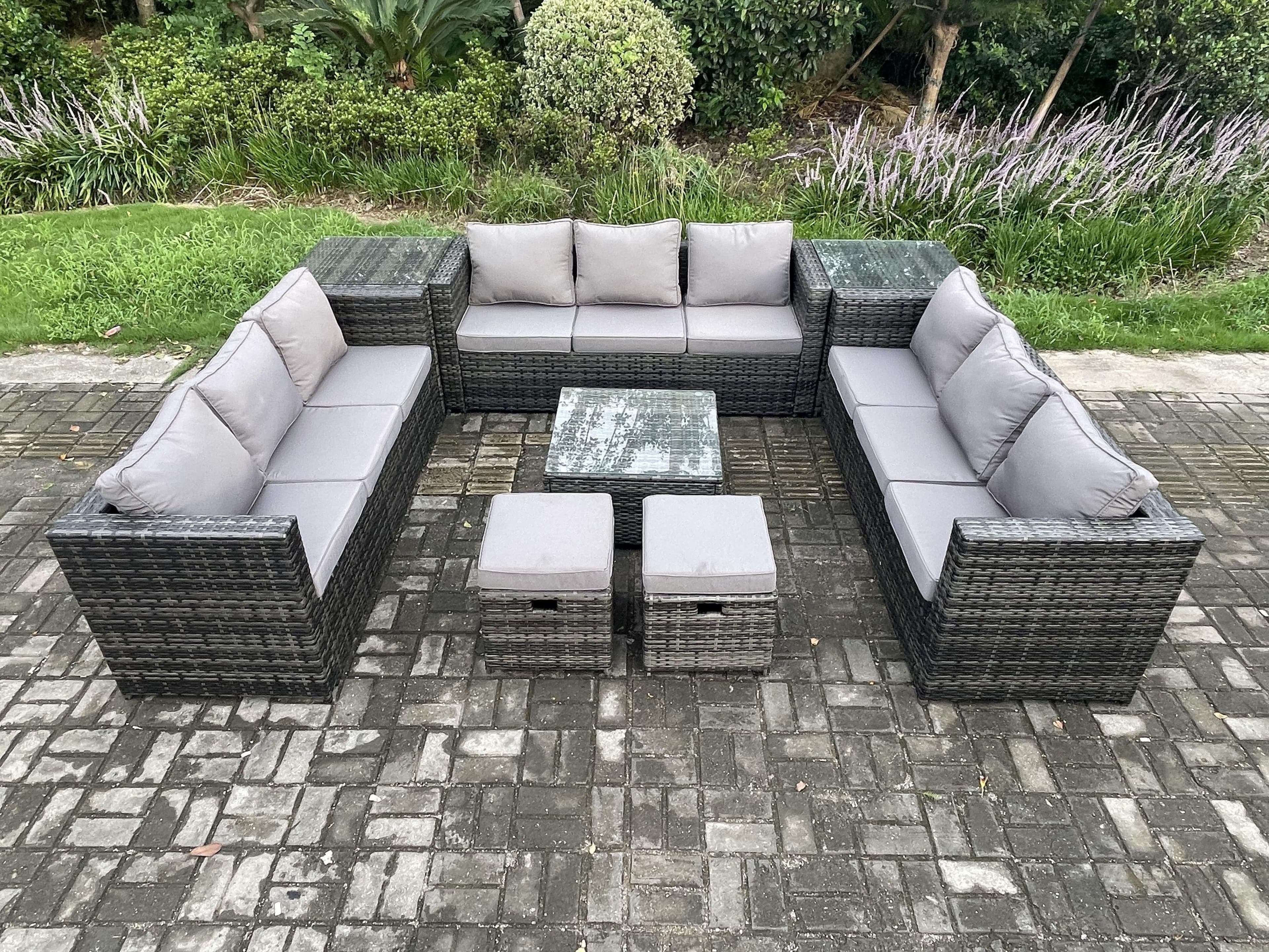 11 Seater Outdoor Rattan Garden Furniture Set Patio Lounge Sofa Set 2 Side Tables Square Coffee Table