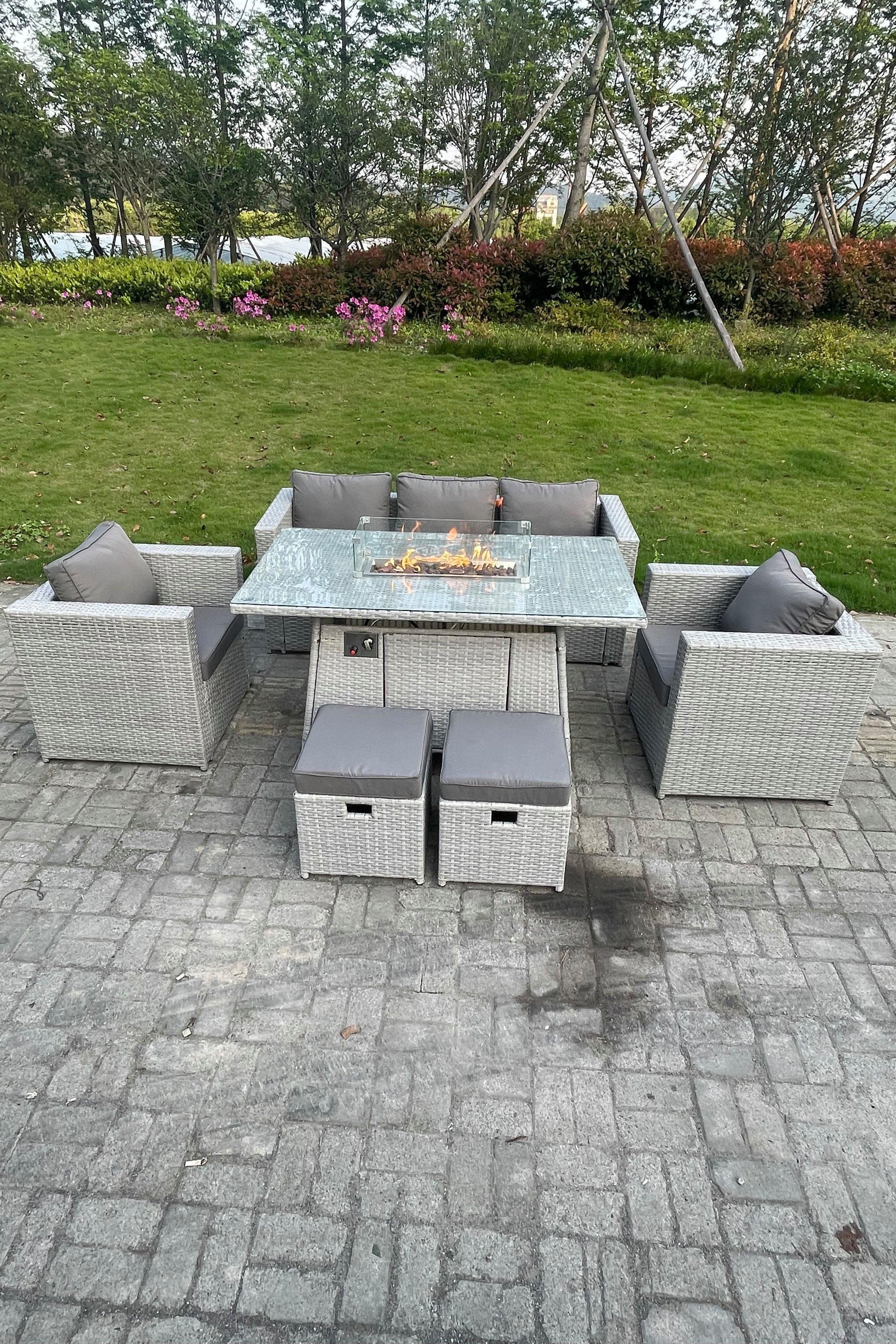 Rattan Gas Fire Pit Dining Table Set Heater Burner Chairs 2 PC Stools