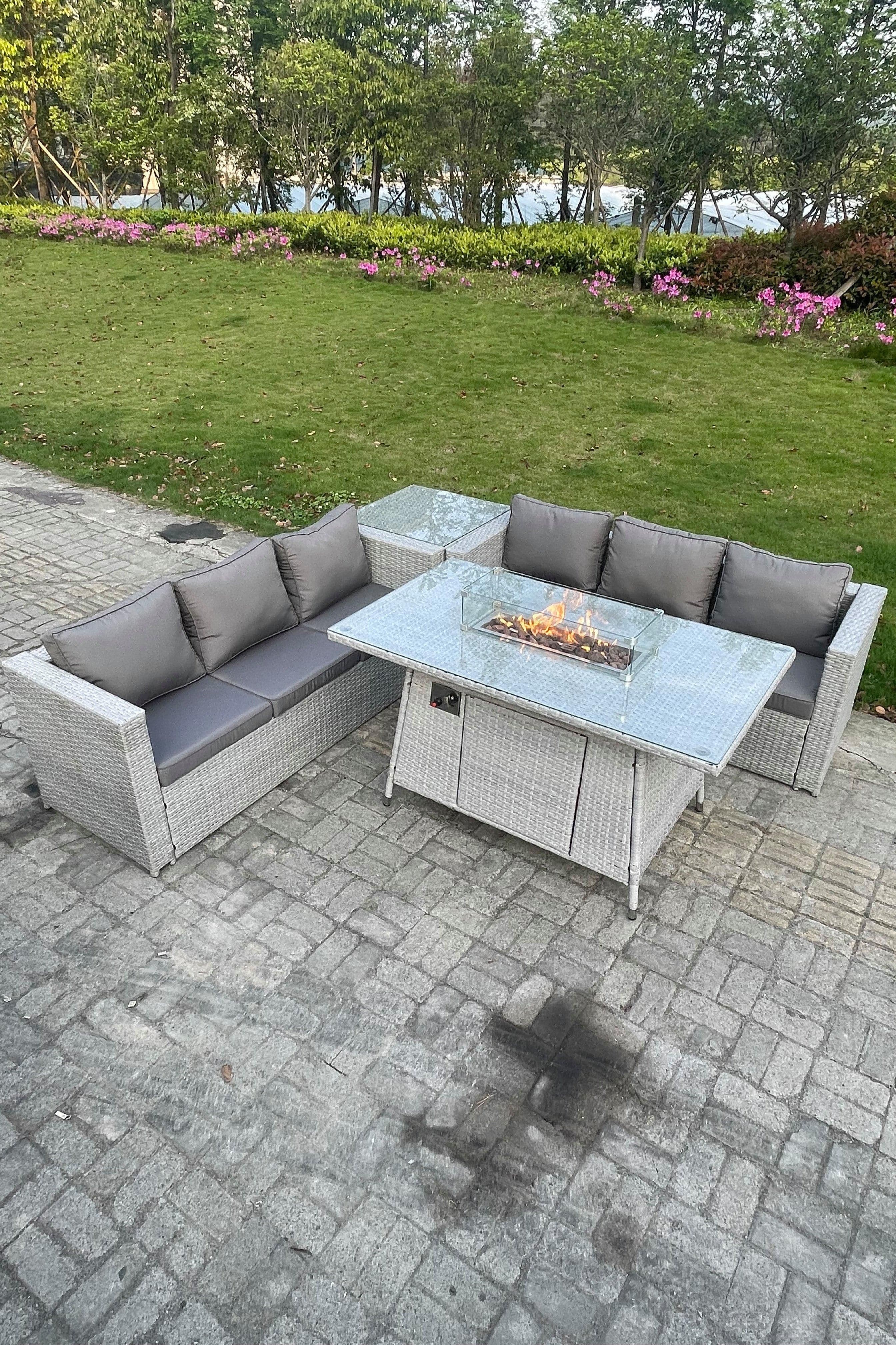 Rattan Gas Fire Pit Dining Table Set Heater Burner Chairs 2 PC Stools