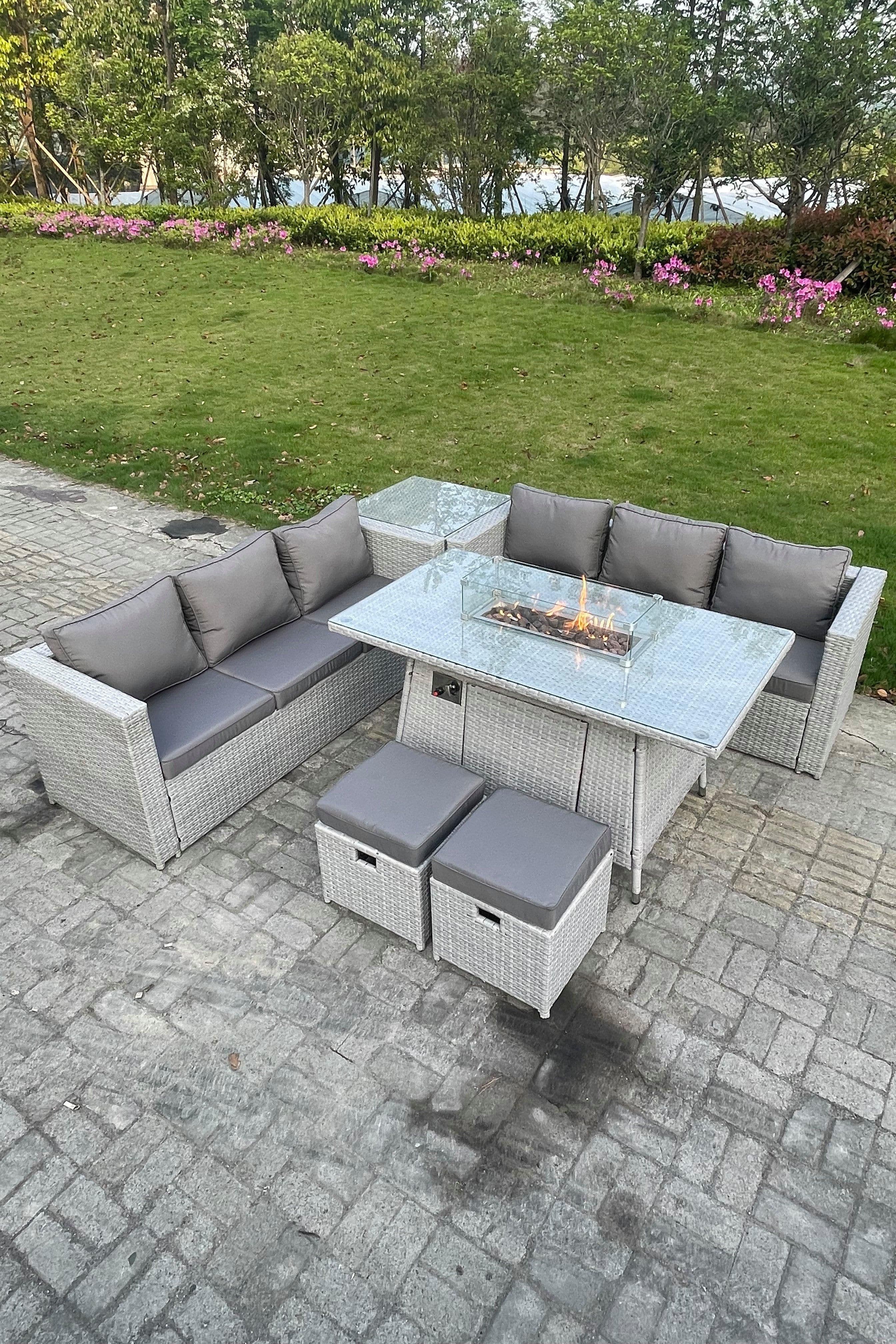 Rattan Fire Pit Set Gas Heater Burner Lounge Sofa Dining Table Side Coffee Table 2 pc Stool