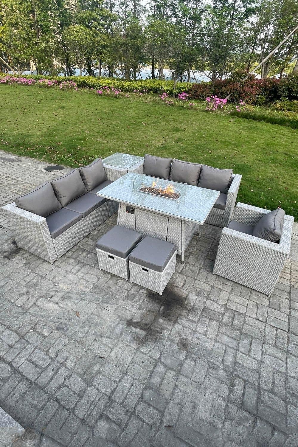 Rattan Fire Pit Dining Table Set Gas Heater Burner Lounge Sofa Side Coffee Table