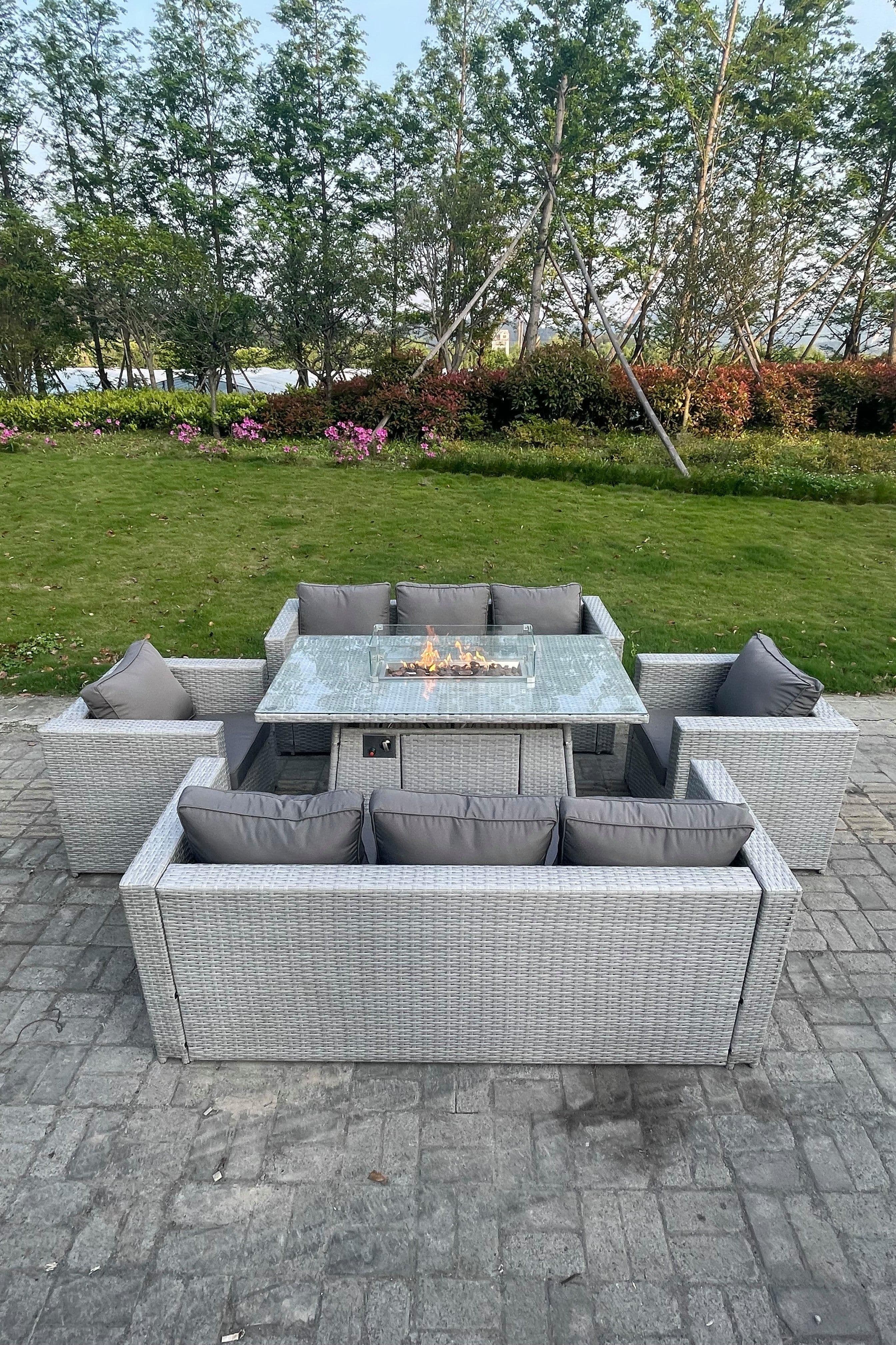 Rattan Set Gas Fire Pit Dining Set Heater Burner Lounge Sofa Chairs
