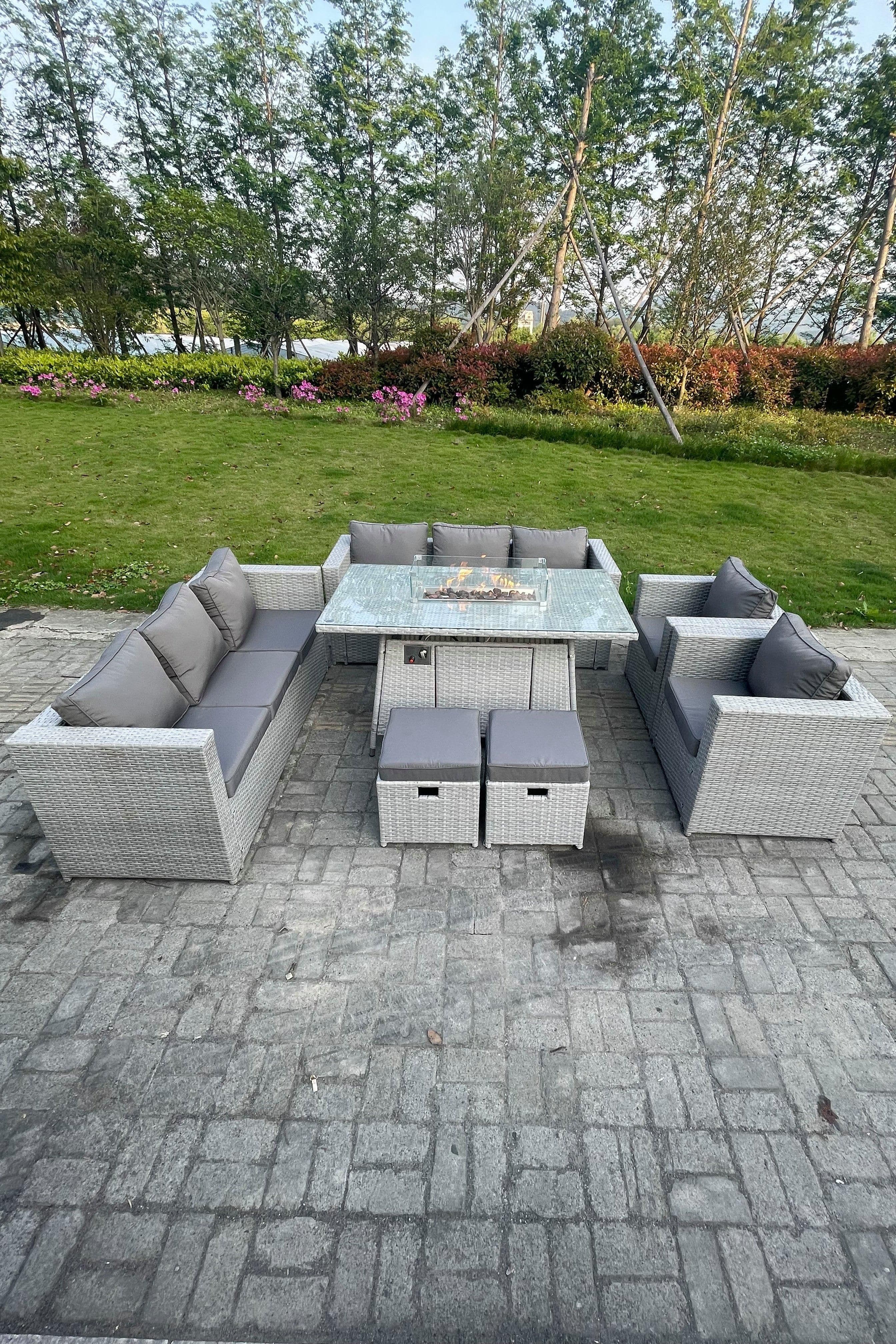 Rattan Fire Pit Dining Set Set Gas Heater Burner Lounge Sofa Dining Set Chairs Stools