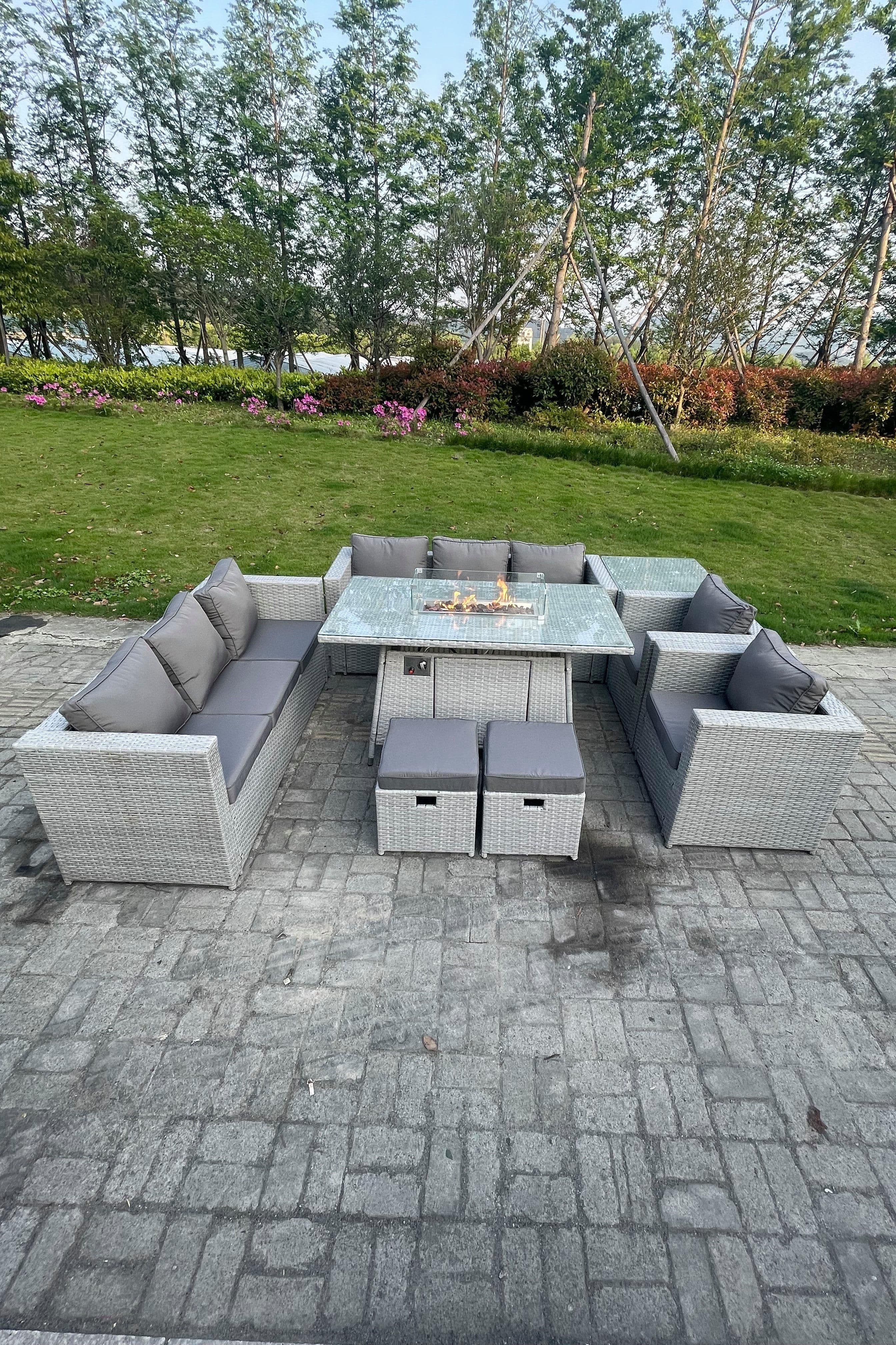 Rattan Fire Pit Set Gas Heater Burner Lounge Sofa Dining Set Coffee Table Chairs Stool