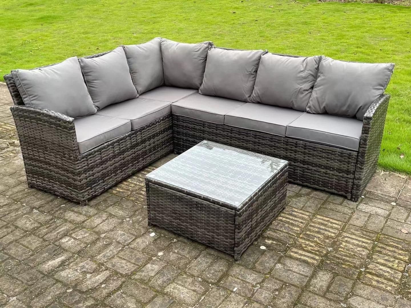 High Back Dark Mixed Rattan Corner Sofa Set Outdoor Furniture Square Coffee Table 6 Seater