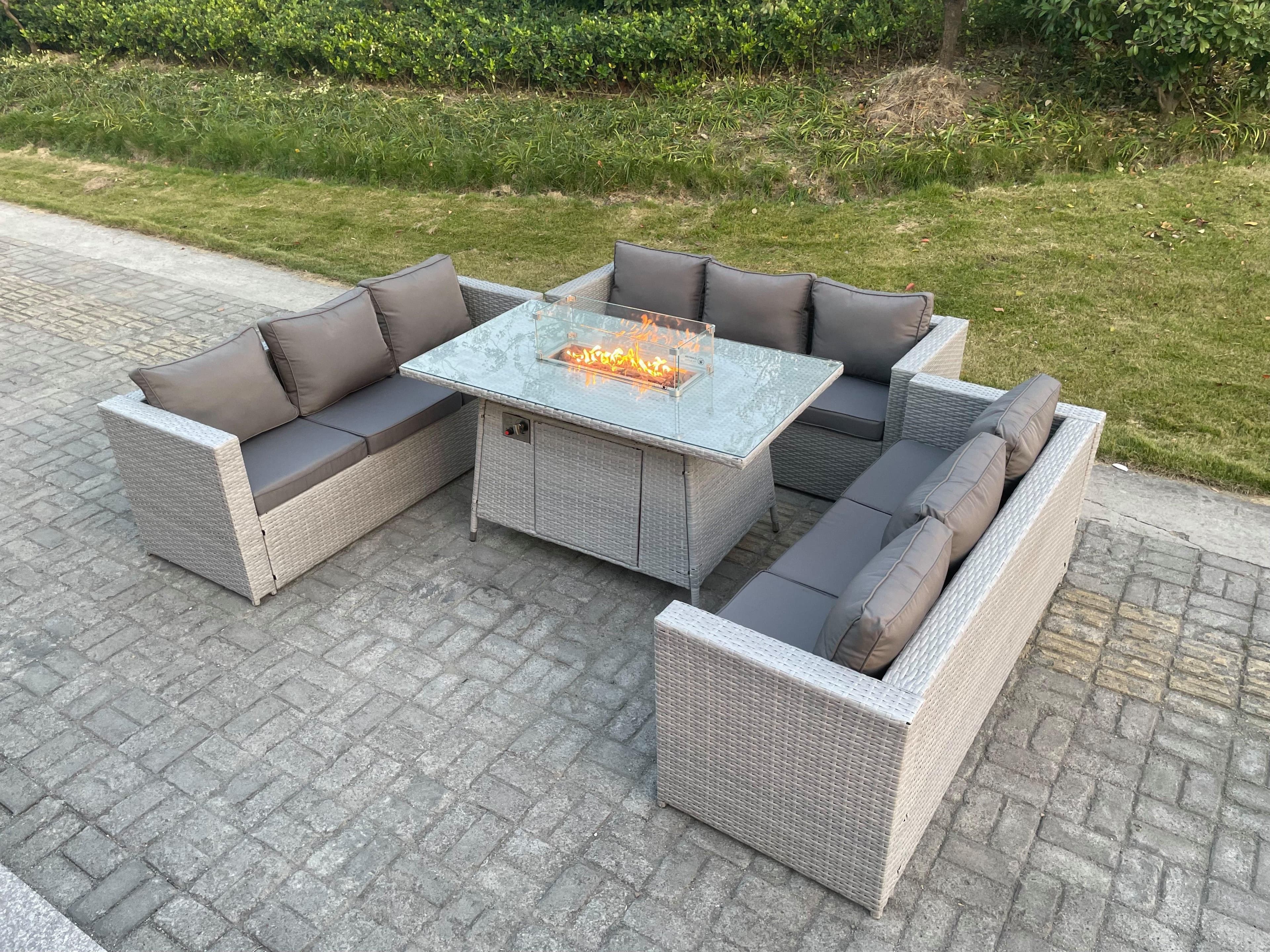 Light Grey U Shape Lounge Sofa Dining Set Gas Fire Pit Dining Table Garden Furniture Set Heater Burner