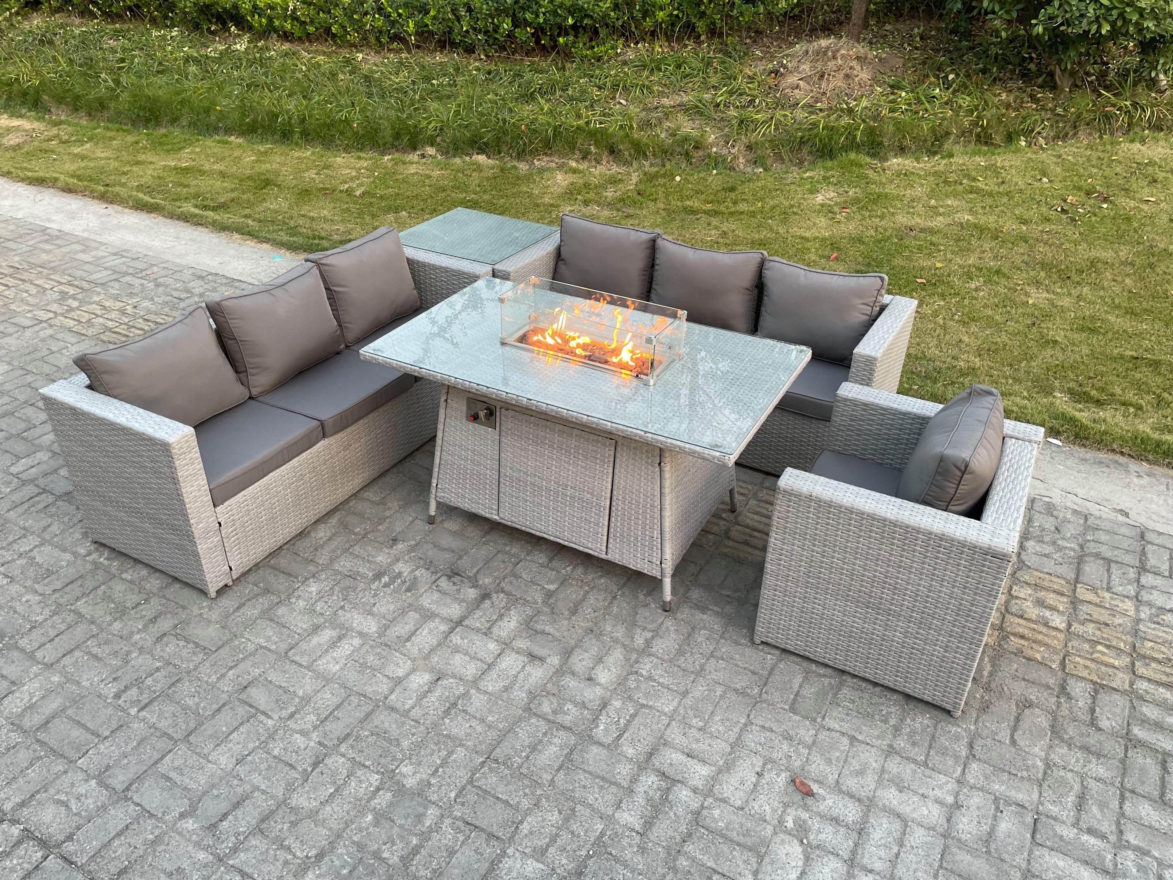 Light Grey Corner Rattan FirePit Garden Furniture Set Gas Heater Burner Lounge Sofa Side Coffee Table