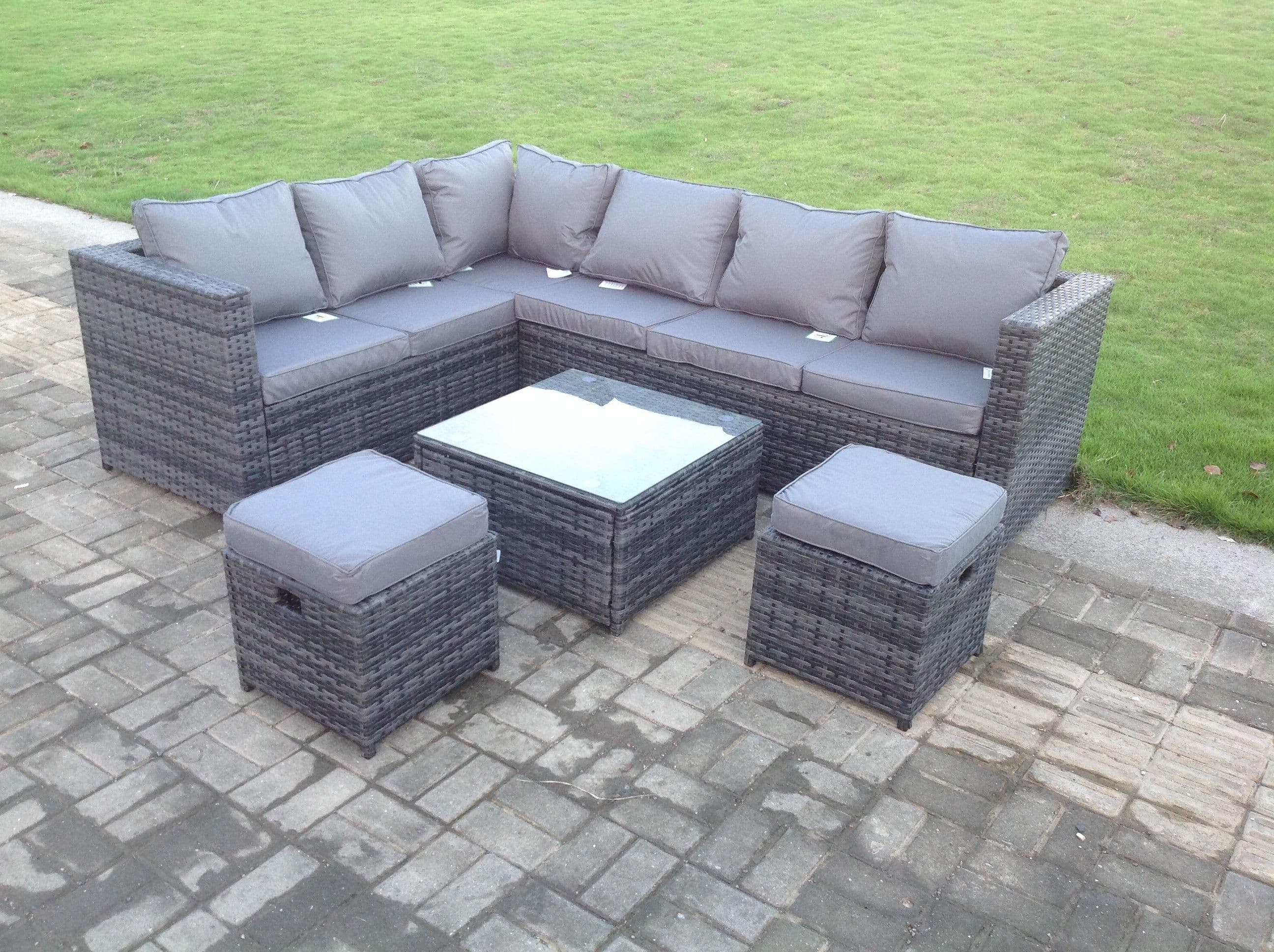 8 Seater Rattan Corner Sofa Set Square Coffee Table Footstools