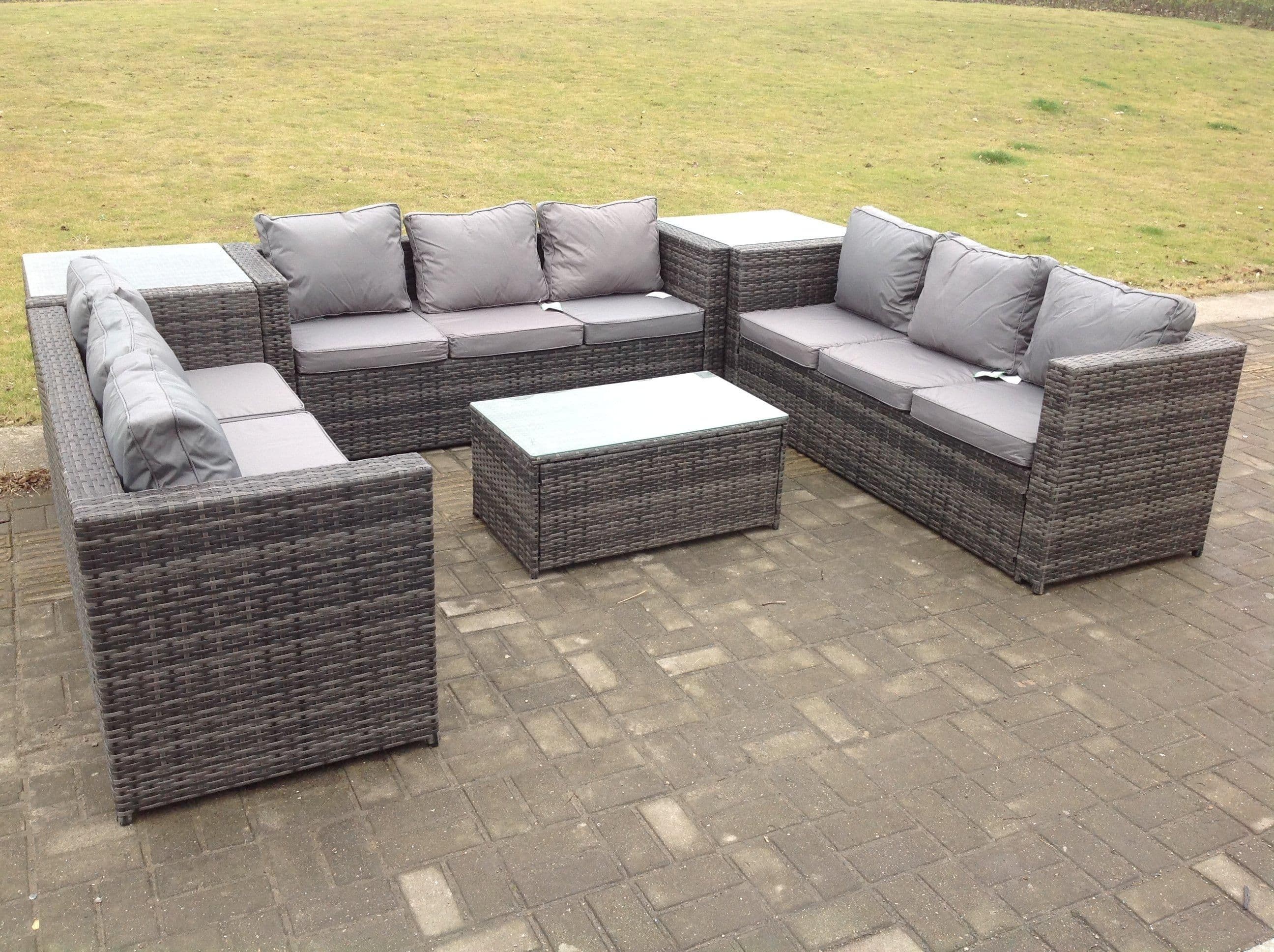 Outdoor Rattan Garden Furniture Lounge Sofa Set Oblong Coffee Table 2 Side Tall Table