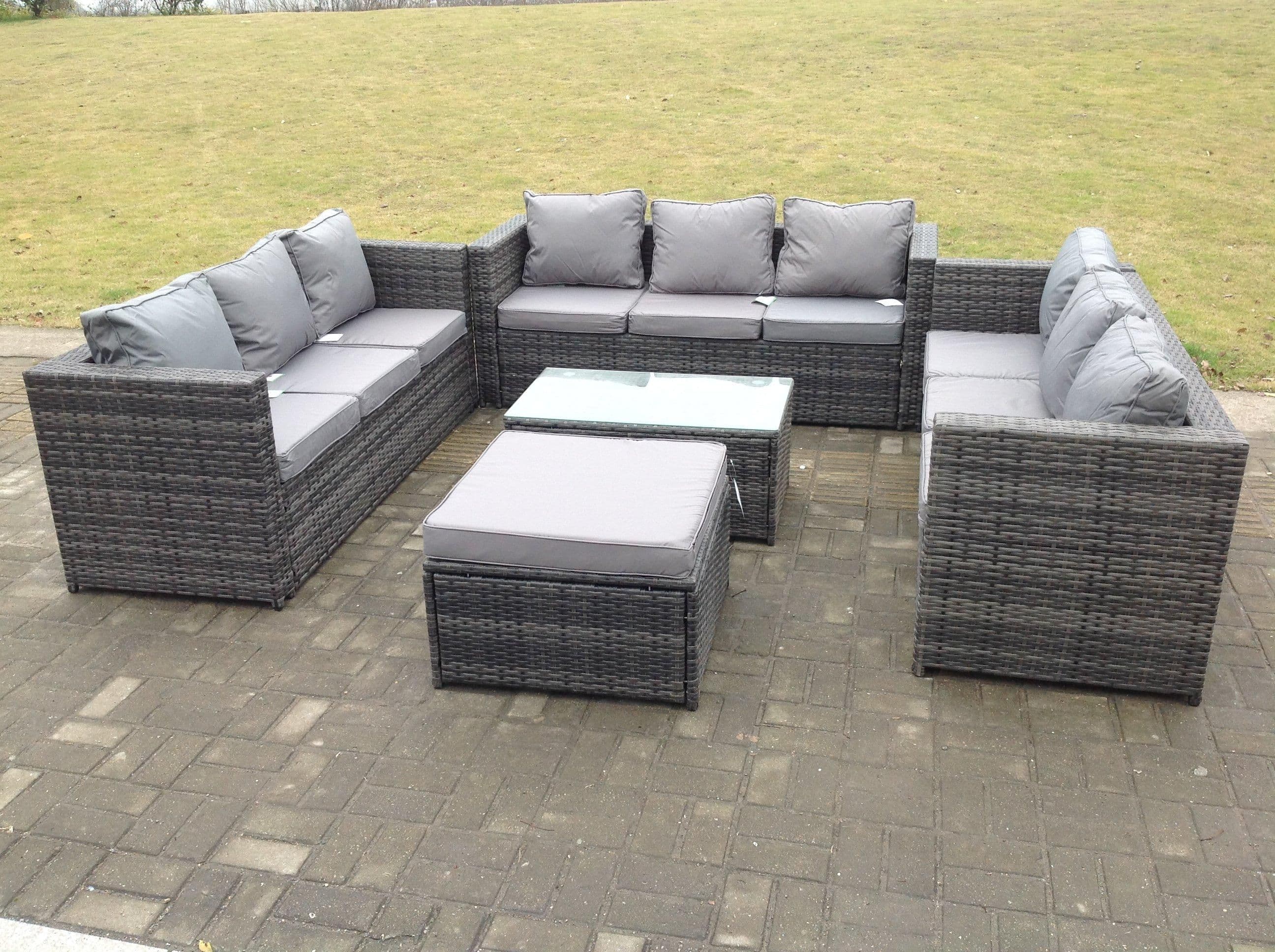Outdoor Rattan Garden Furniture Lounge Sofa Set Oblong Coffee Table Big Footstool