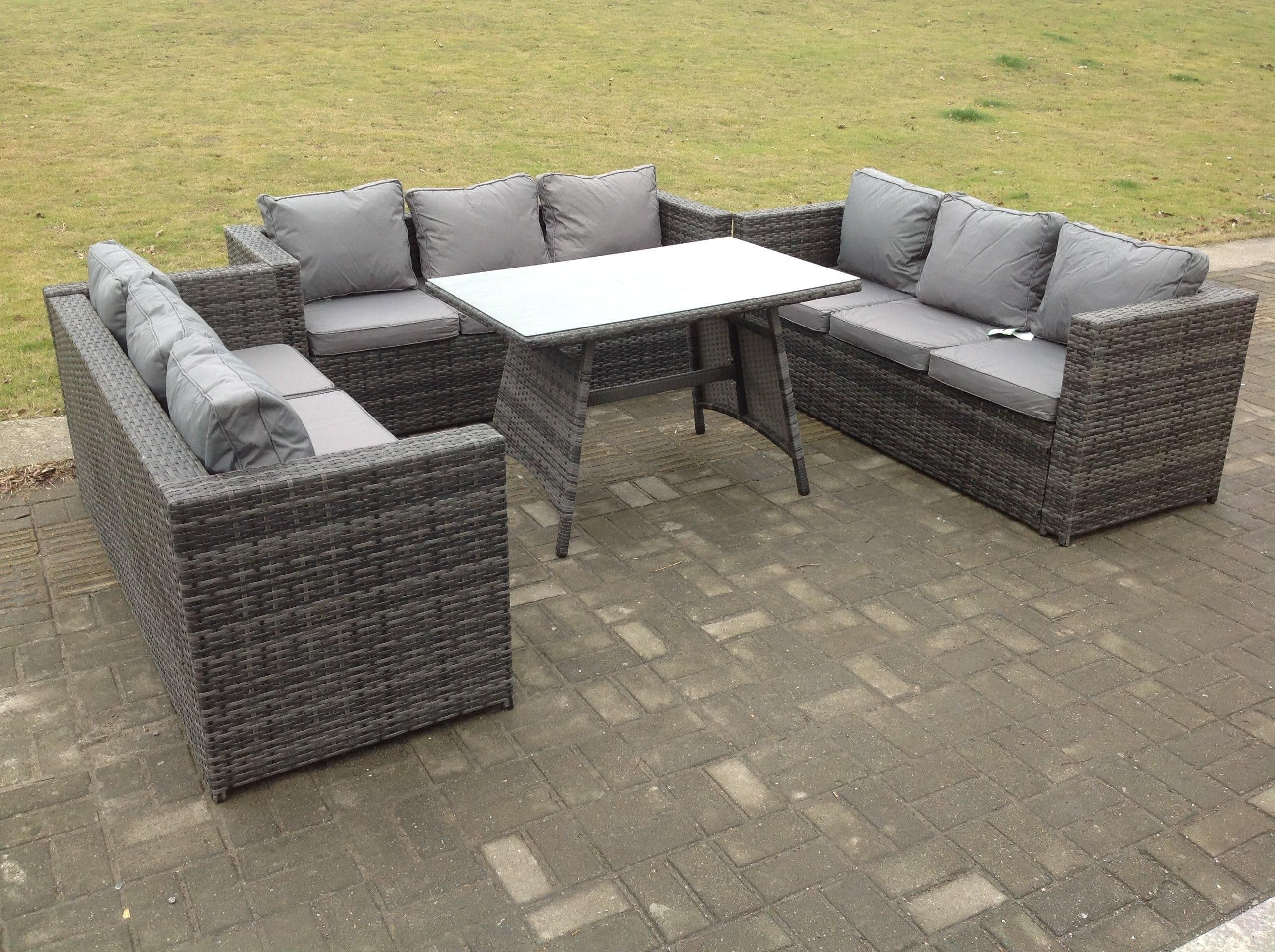Outdoor Rattan Garden Furniture Lounge Sofa Set Oblong Dining Table Clear Tempered Glass