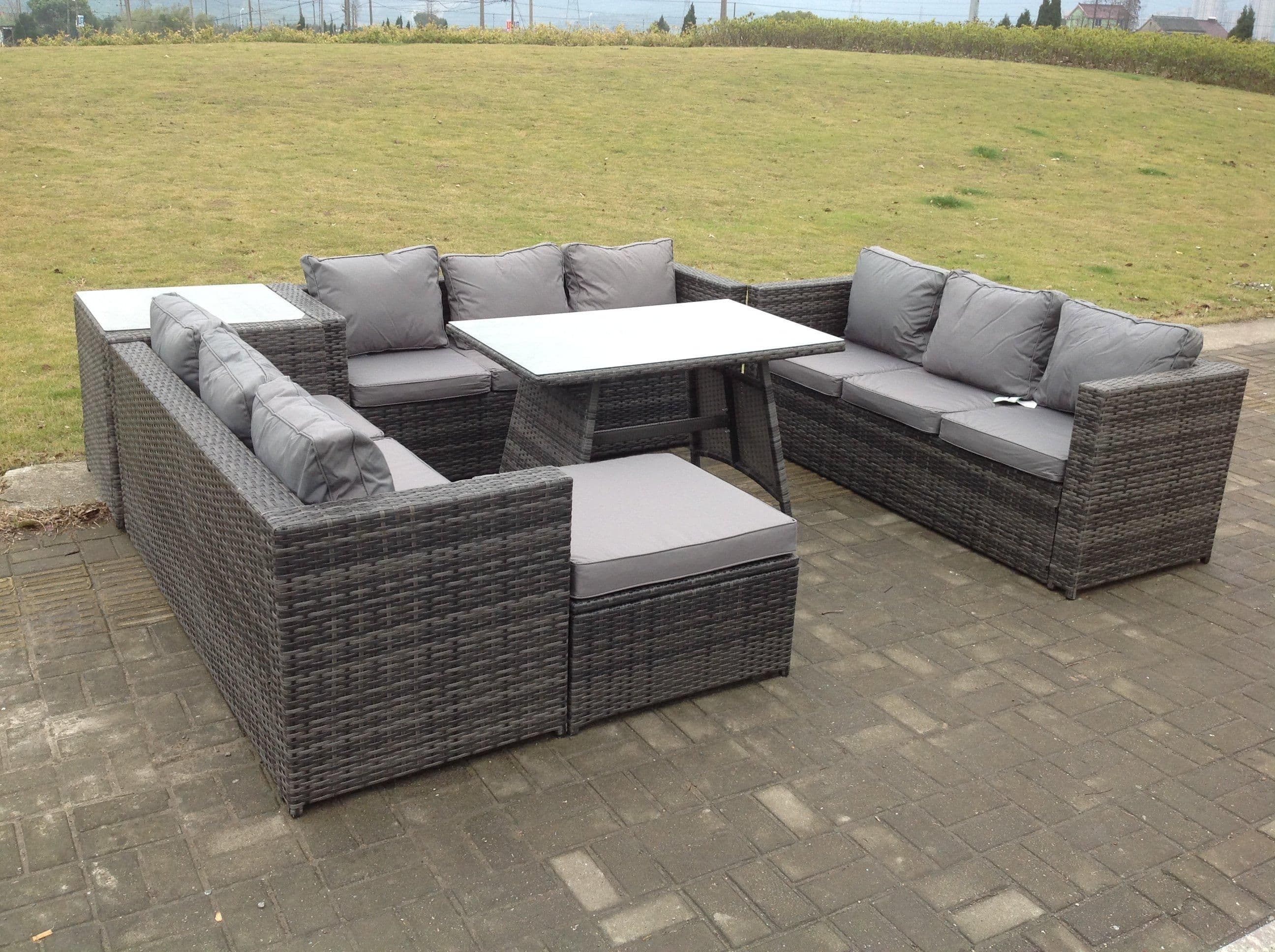 Outdoor Rattan Garden Furniture Lounge Sofa Set Oblong Dining Table Side Coffee Table Big Footstool