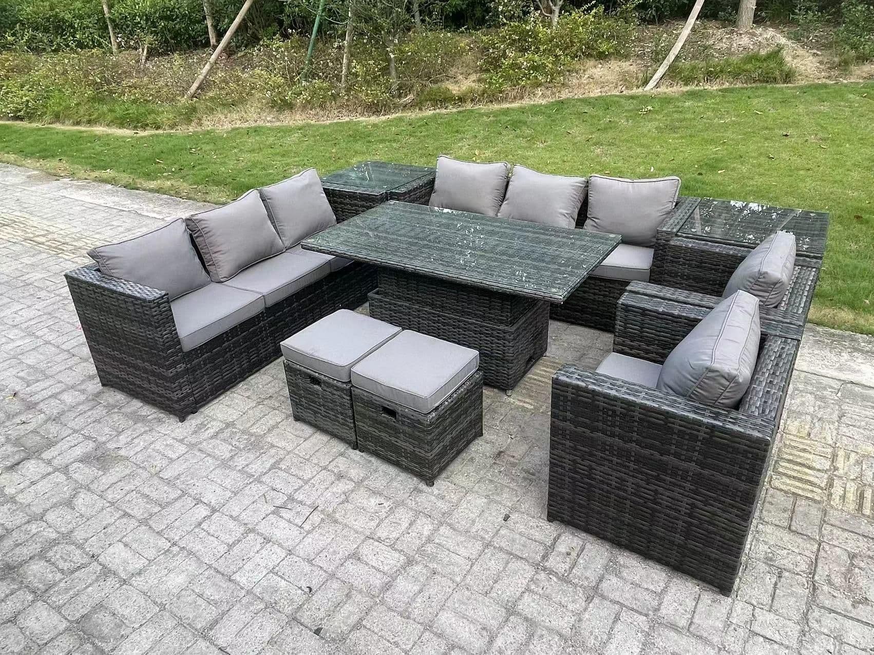 9 Seater Outdoor Rattan Garden Furniture Set Adjustable Rising Lifting Dining Table Side Table Chairs Stools