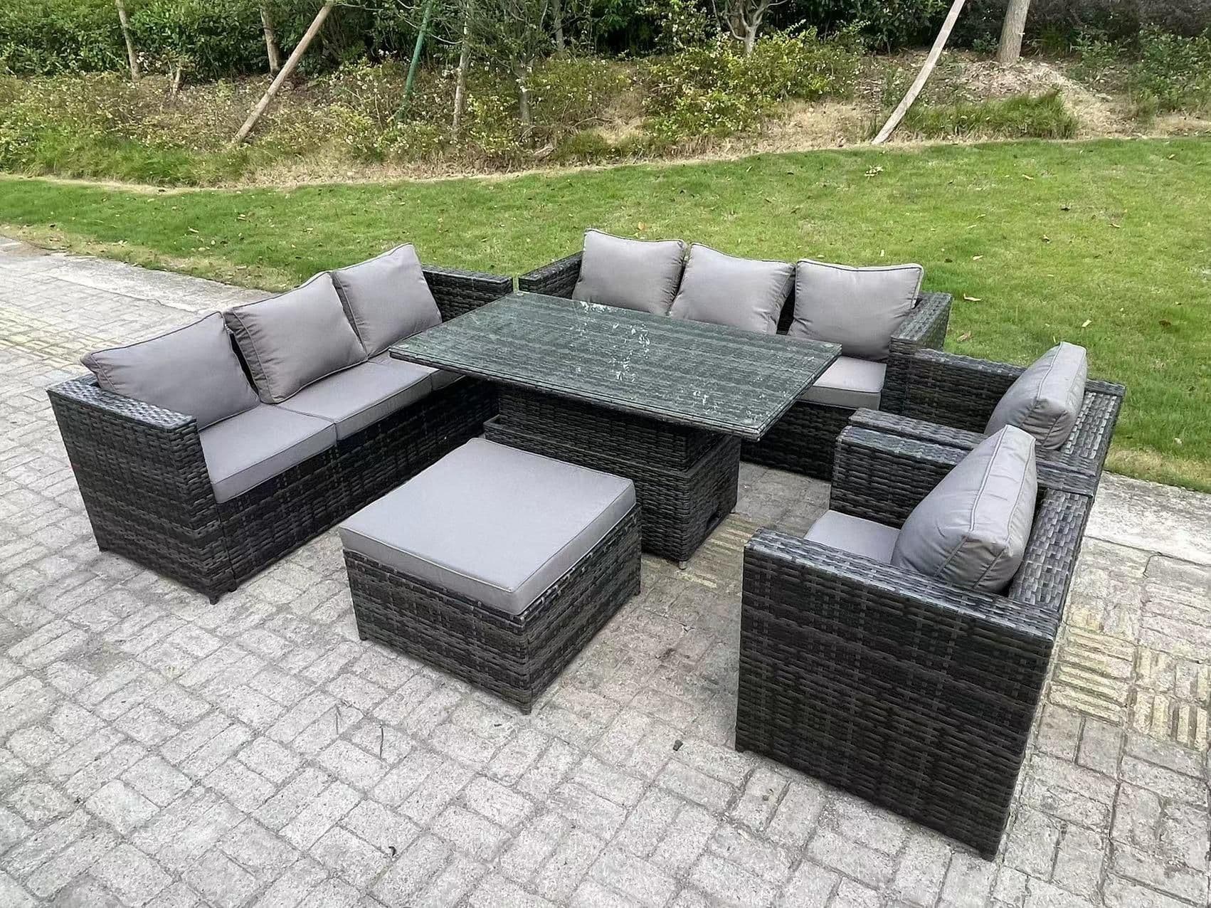 9 Seater Outdoor Rattan Garden Furniture Set Adjustable Rising Lifting Dining Table Chairs Footstool